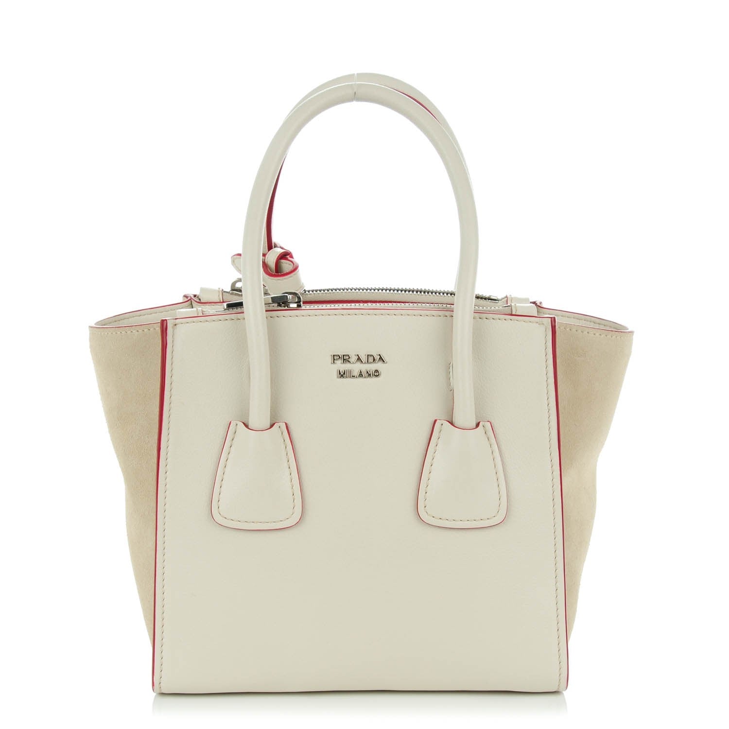 Prada Glace Calf Suede Mini Twin Pocket Tote Talco Rosso 2 of 10