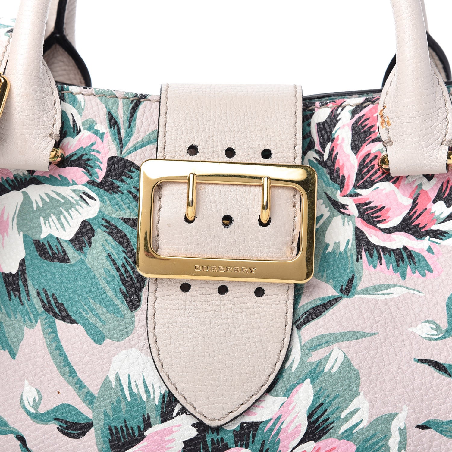 Burberry Soft Grain Calfskin Floral Print Medium Buckle Tote Natural Emerald Green 9 of 12