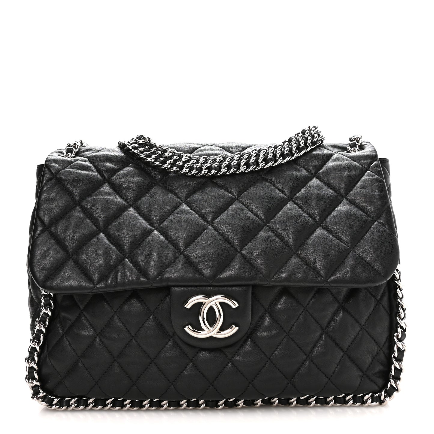 Washed Lambskin Quilted Maxi Chain Around Flap Black