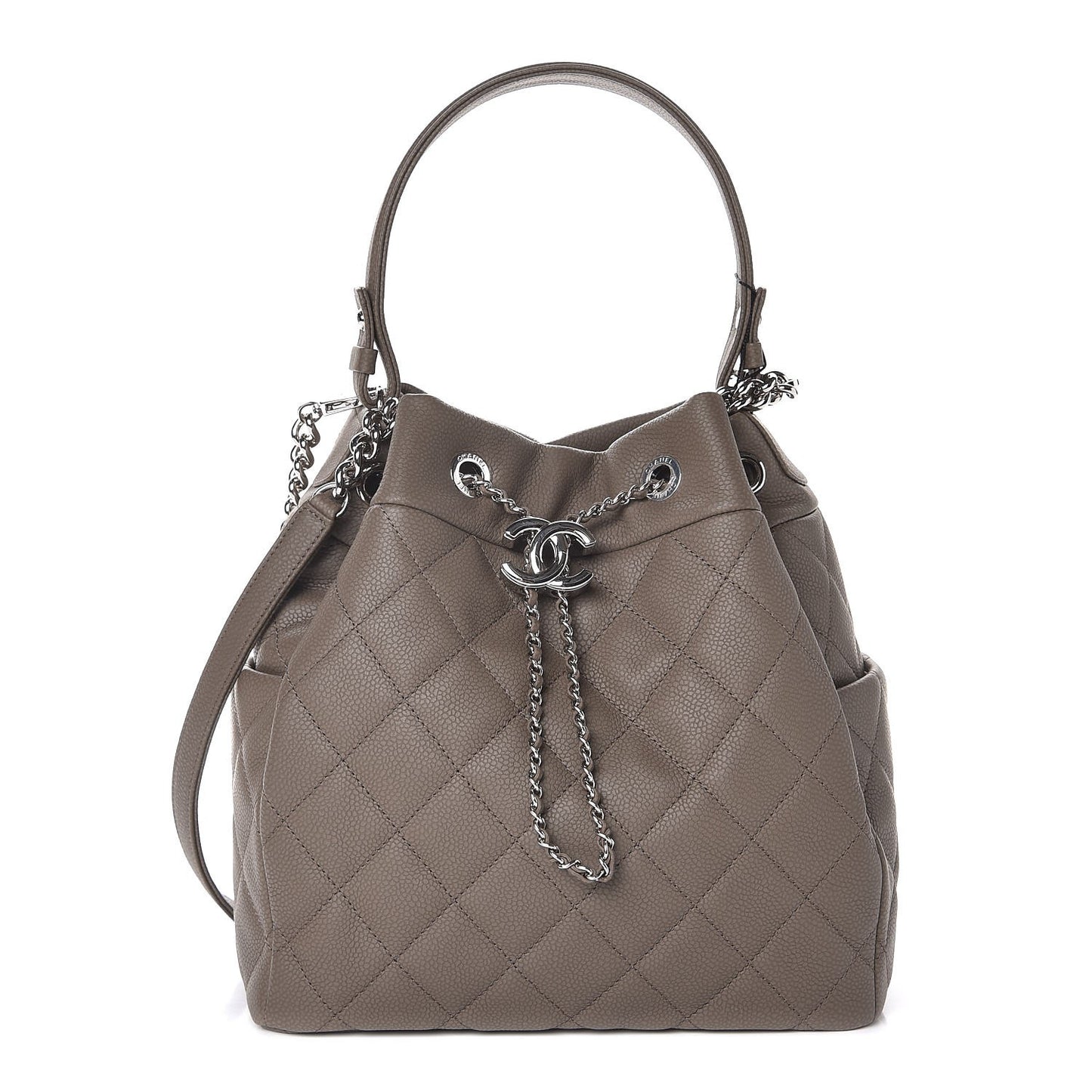 Grained Calfskin Quilted Medium Chain Bucket Bag Khaki