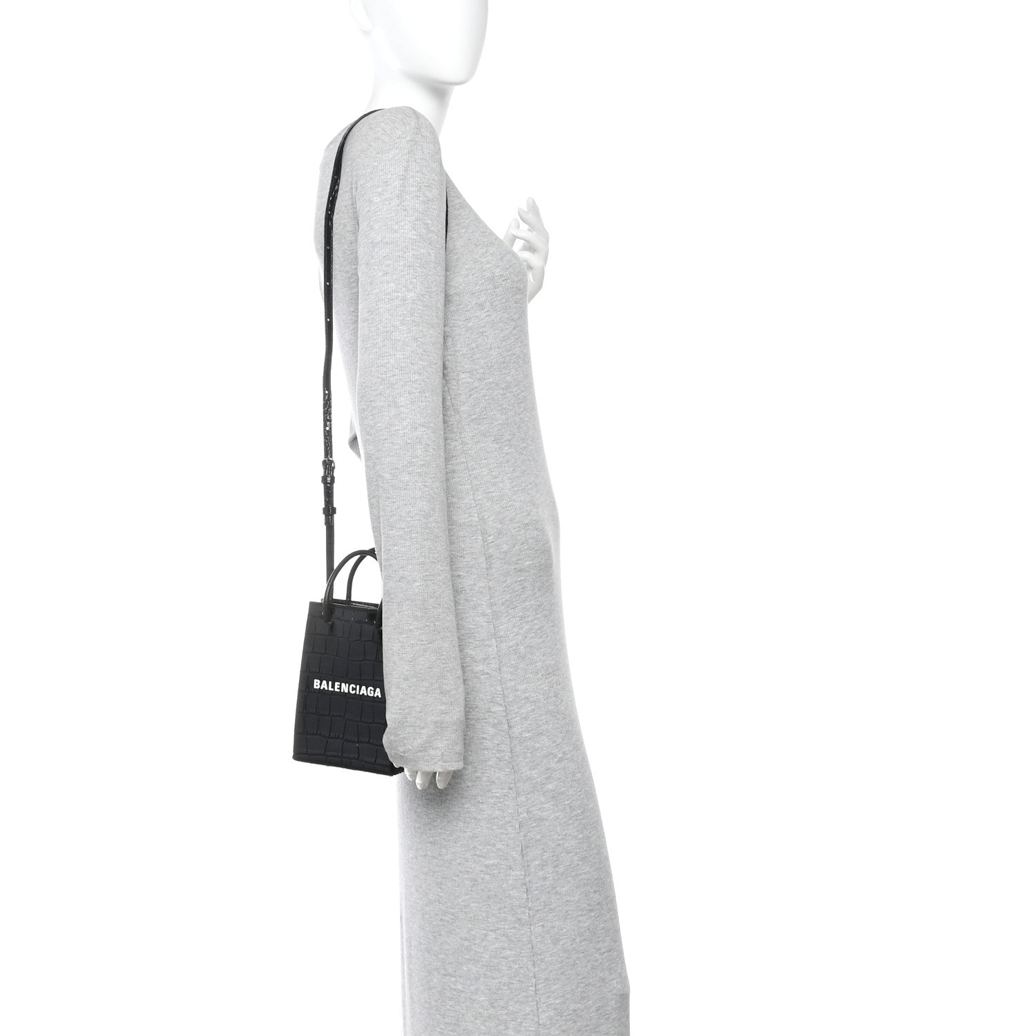 Balenciaga Calfskin Crocodile Embossed Logo Shopping Phone Holder Bag Black 2 of 9