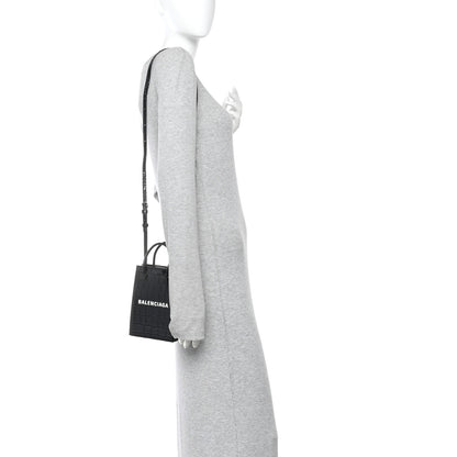 Balenciaga Calfskin Crocodile Embossed Logo Shopping Phone Holder Bag Black 2 of 9