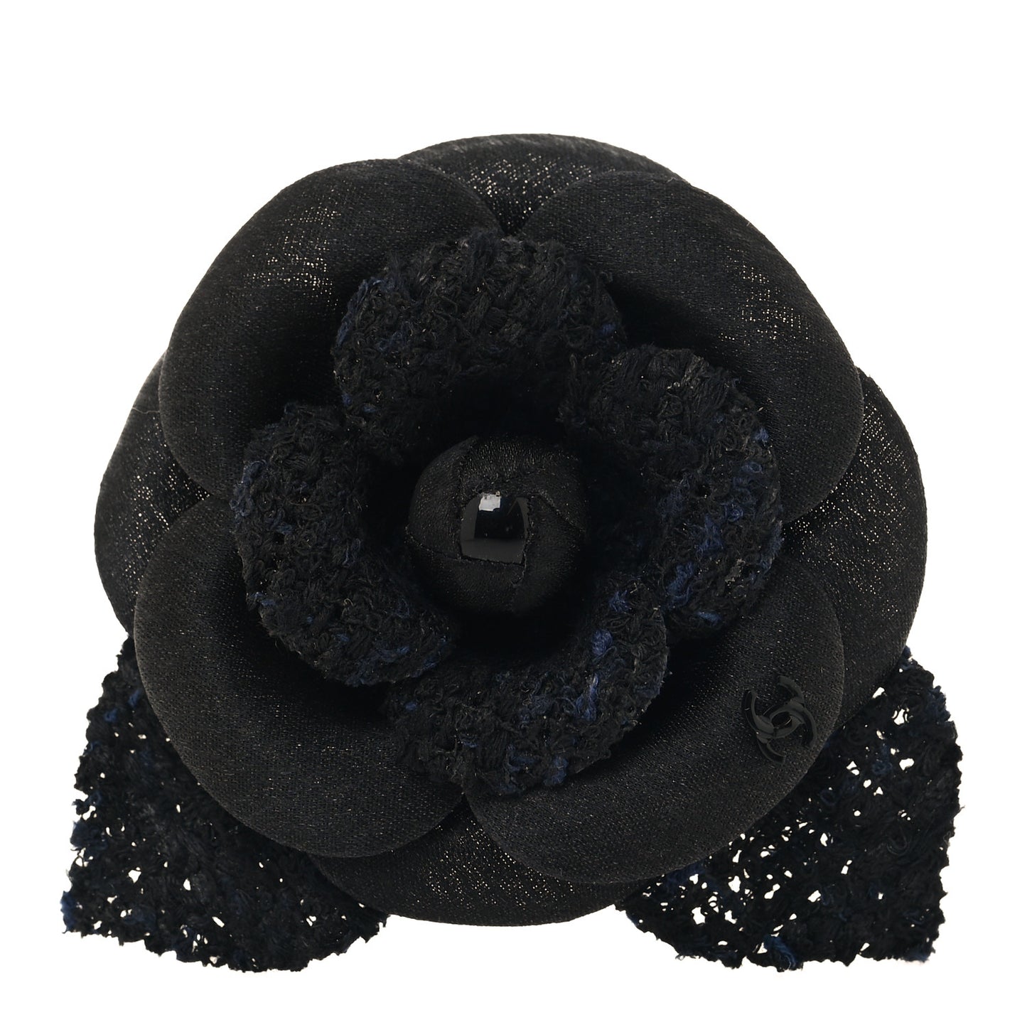 Tweed Fabric Camellia Pin Brooch Black