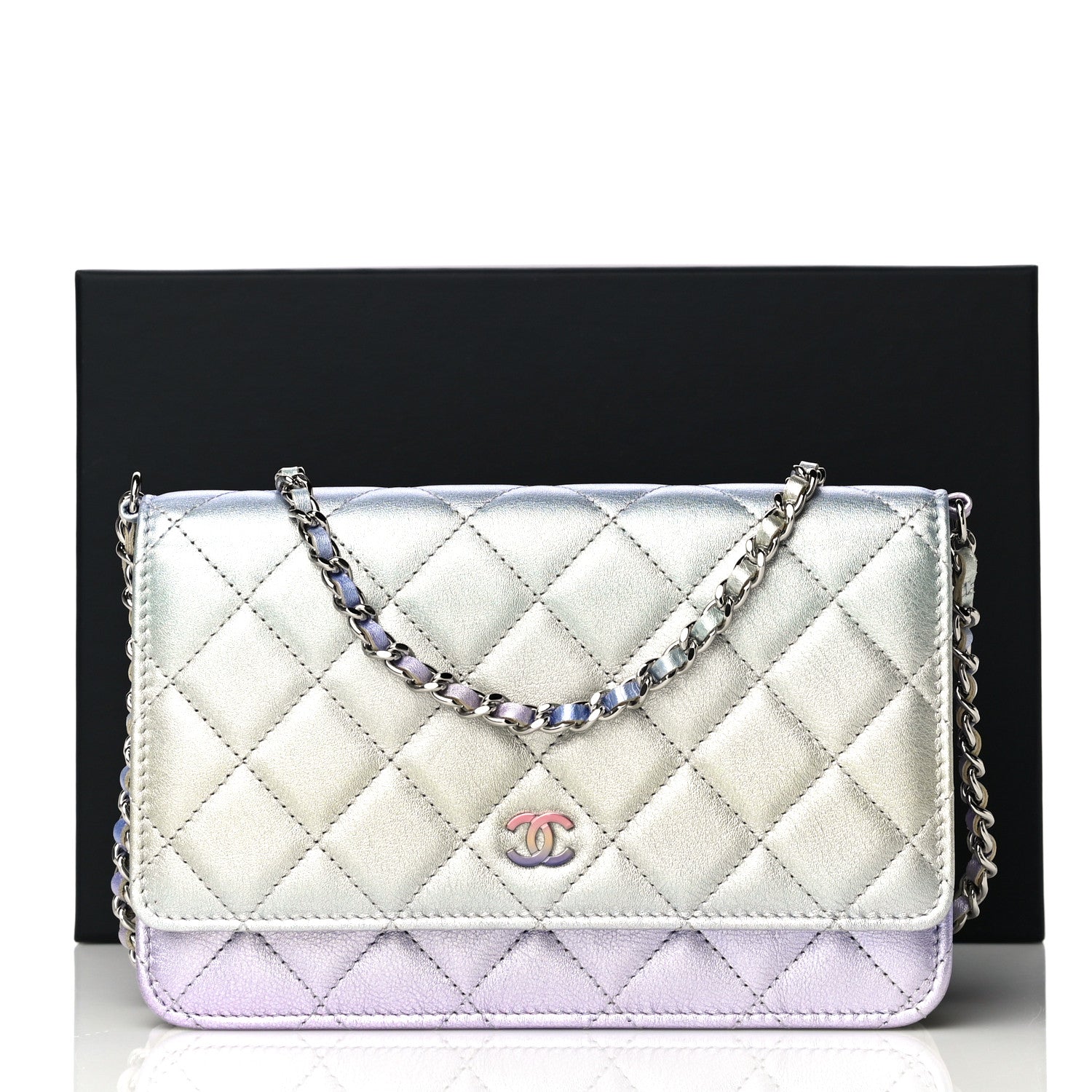 Chanel Gradient Metallic Calfskin Quilted Wallet On Chain WOC Silver Blue Yellow Purple 13 of 13