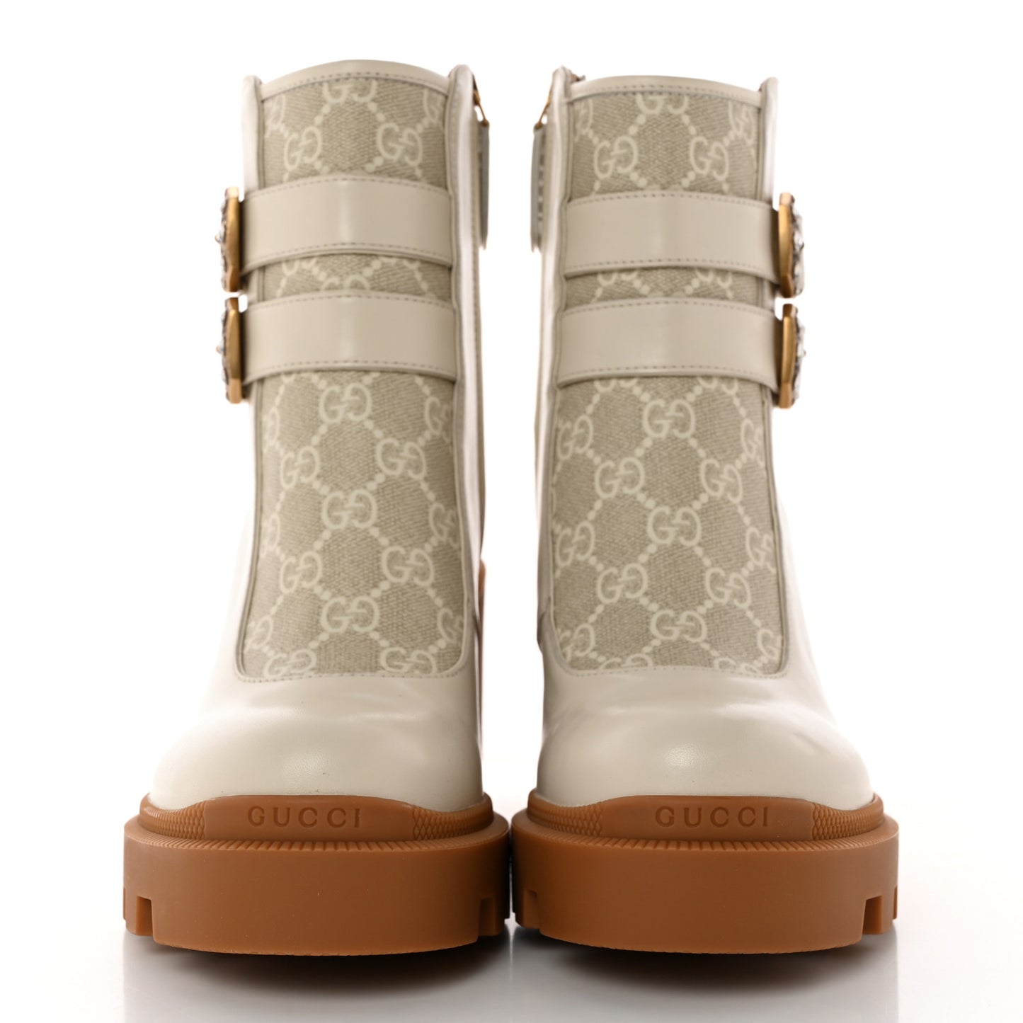 Kensington Calfskin Nappa GG Supreme Monogram Womens Double Buckle Ankle Boots 37 Mystic White Beige