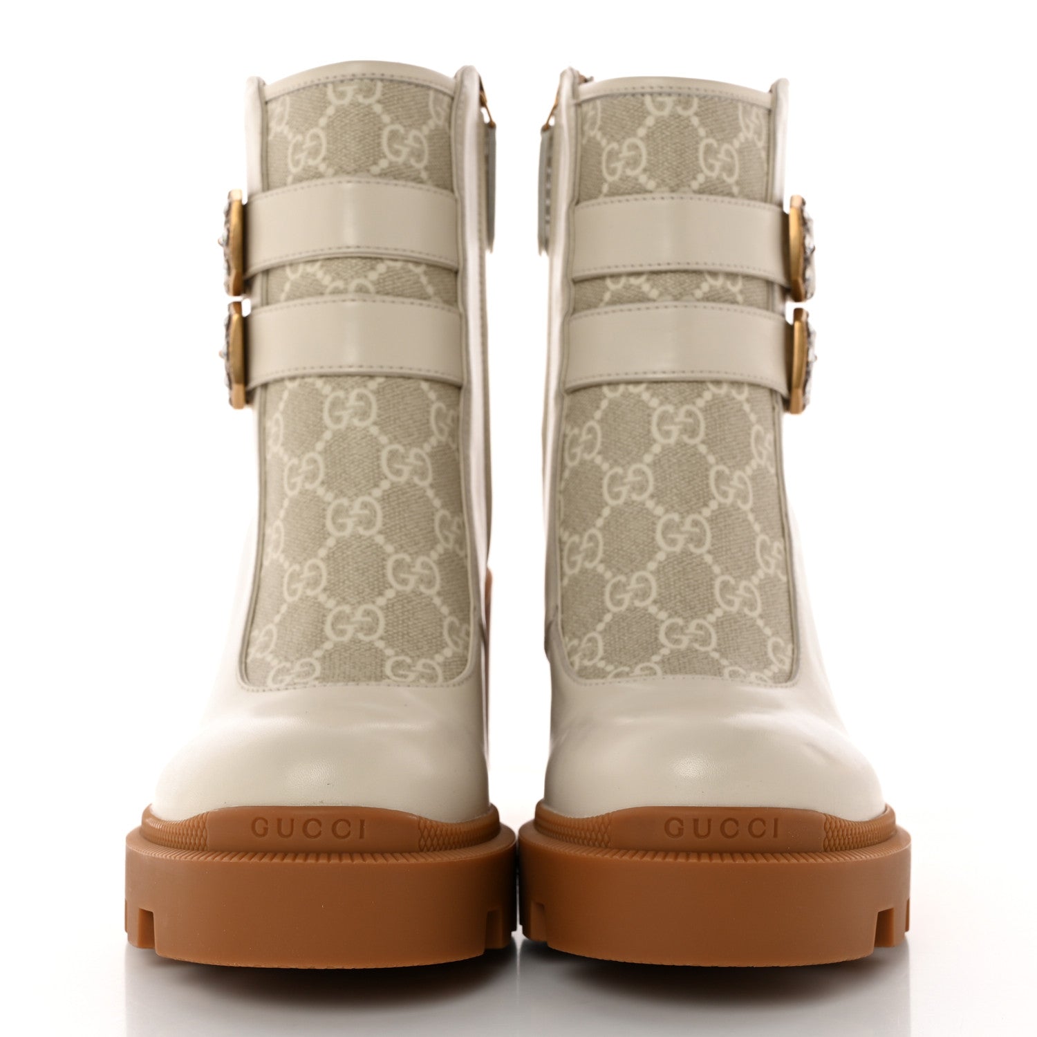 Gucci Kensington Calfskin Nappa GG Supreme Monogram Womens Double Buckle Ankle Boots 37 Mystic White Beige 2 of 12