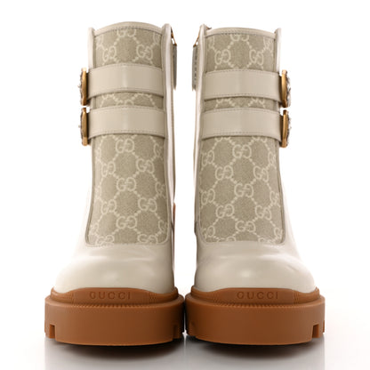 Gucci Kensington Calfskin Nappa GG Supreme Monogram Womens Double Buckle Ankle Boots 37 Mystic White Beige 2 of 12