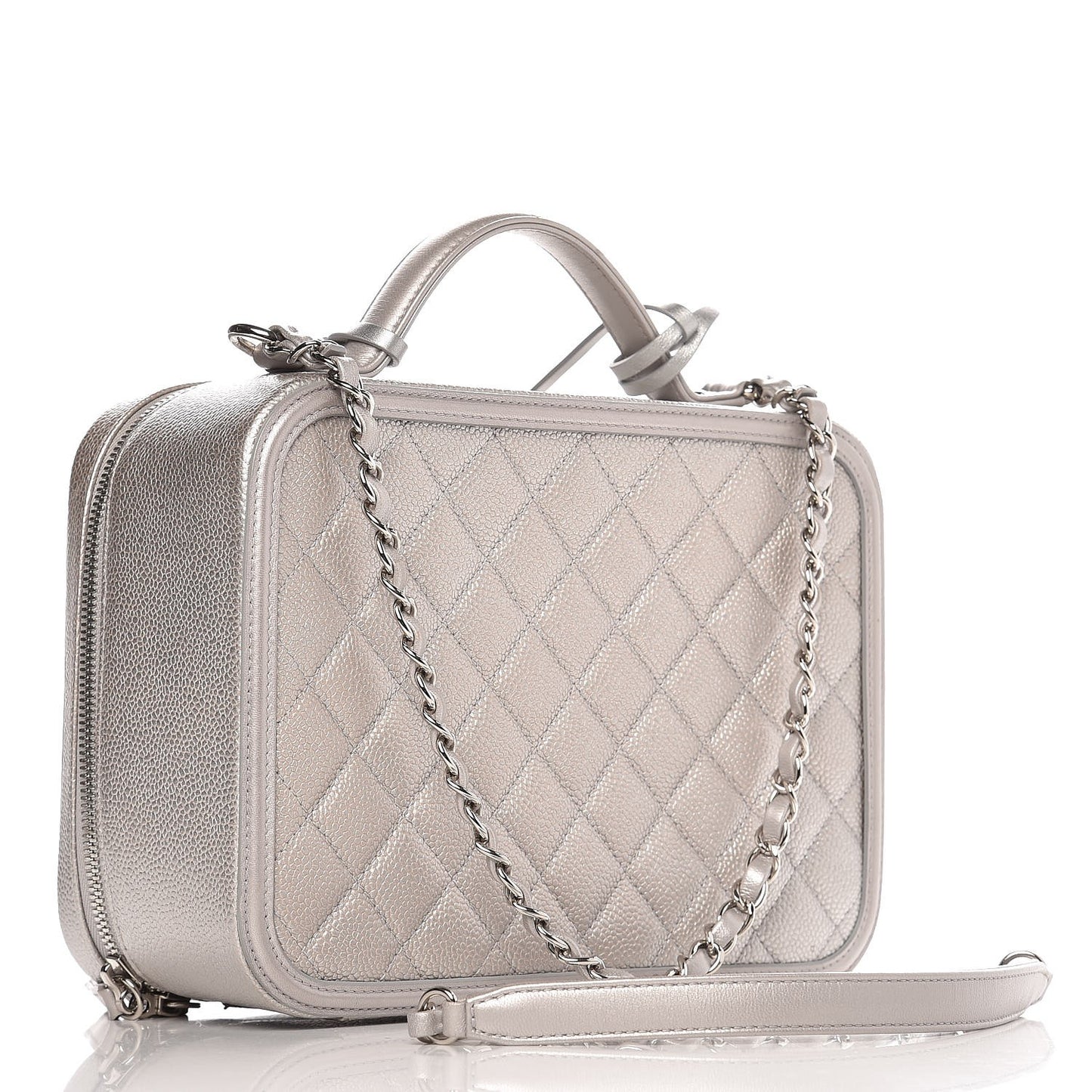 Metallic Caviar Quilted Large CC Filigree Vanity Case Silver