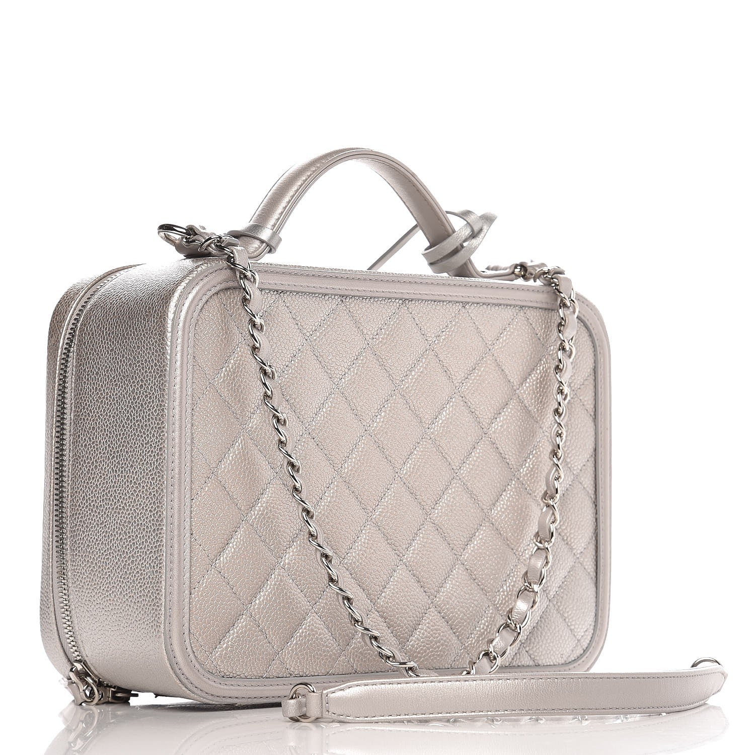 Chanel Metallic Caviar Quilted Large CC Filigree Vanity Case Silver 3 of 8