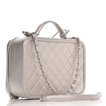 Chanel Metallic Caviar Quilted Large CC Filigree Vanity Case Silver 3 of 8