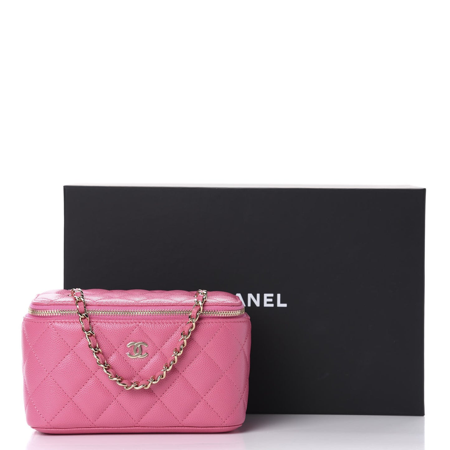 Caviar Quilted Small Vanity Case With Chain Pink