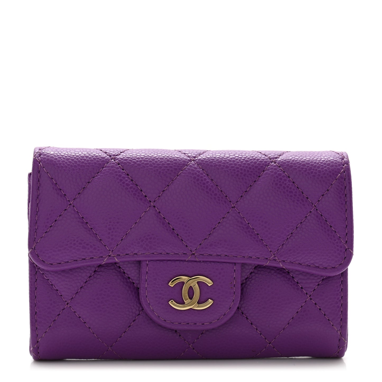 Caviar Quilted Flap Card Holder Wallet Purple