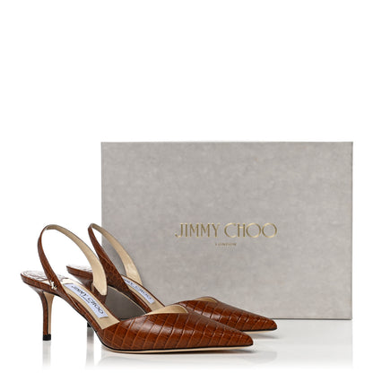Jimmy Choo Calfskin Crocodile Embossed Thandi 65 Slingback Pumps 37 Cuoio 9 of 9