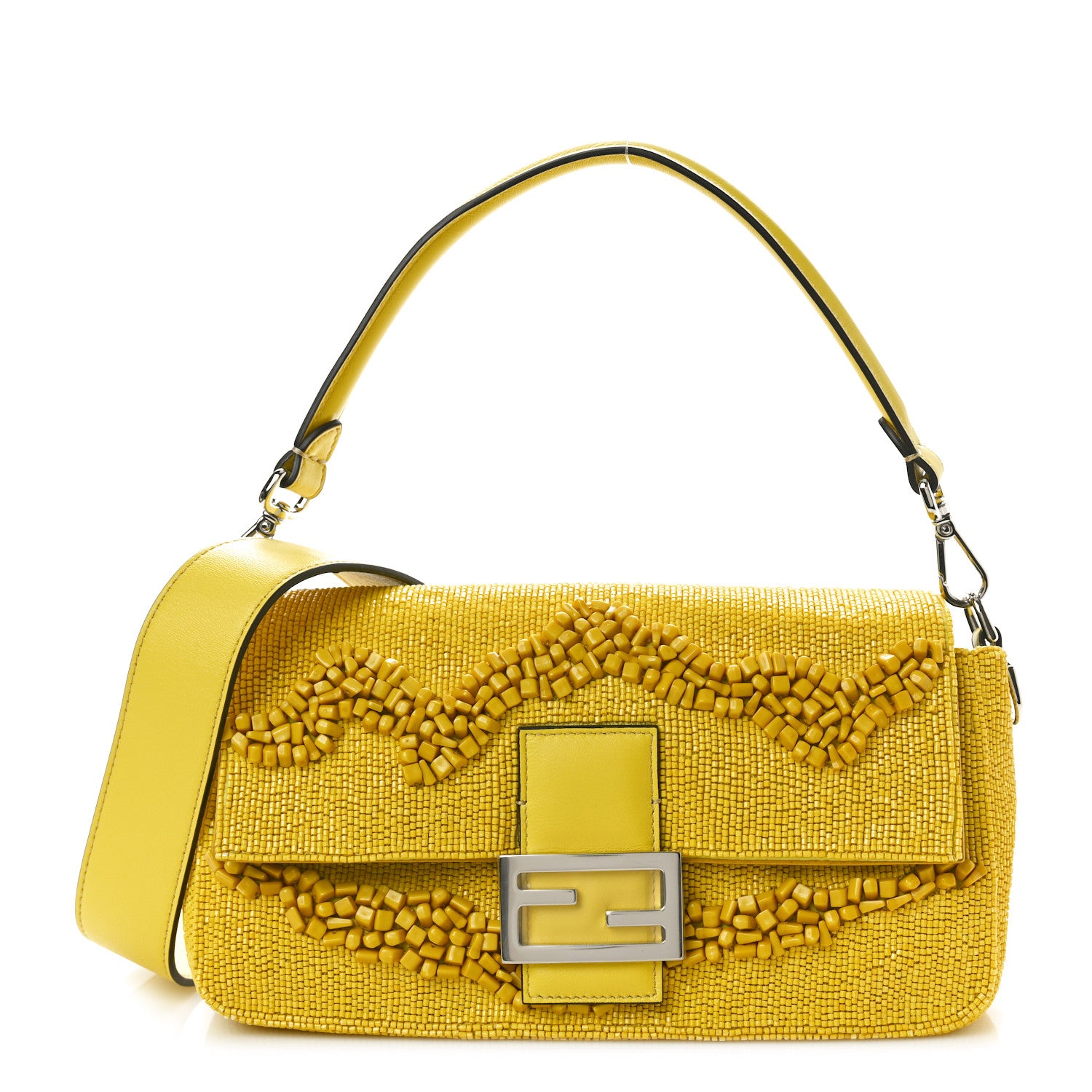 Fendi Rolling Stone Vitello Seta Bead Embroidered Re-Edition Baguette Giallo 1 of 9