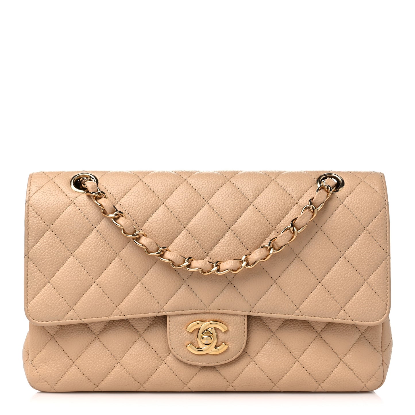 Caviar Quilted Medium Double Flap Beige