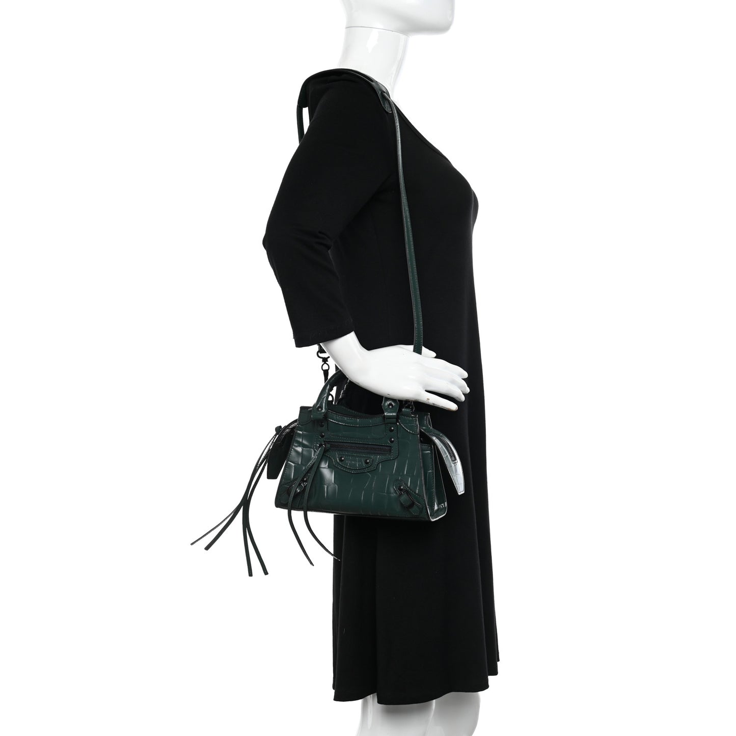 Semi Shiny Calfskin Crocodile Embossed Neo Classic Black Hardware Mini City Forest Green