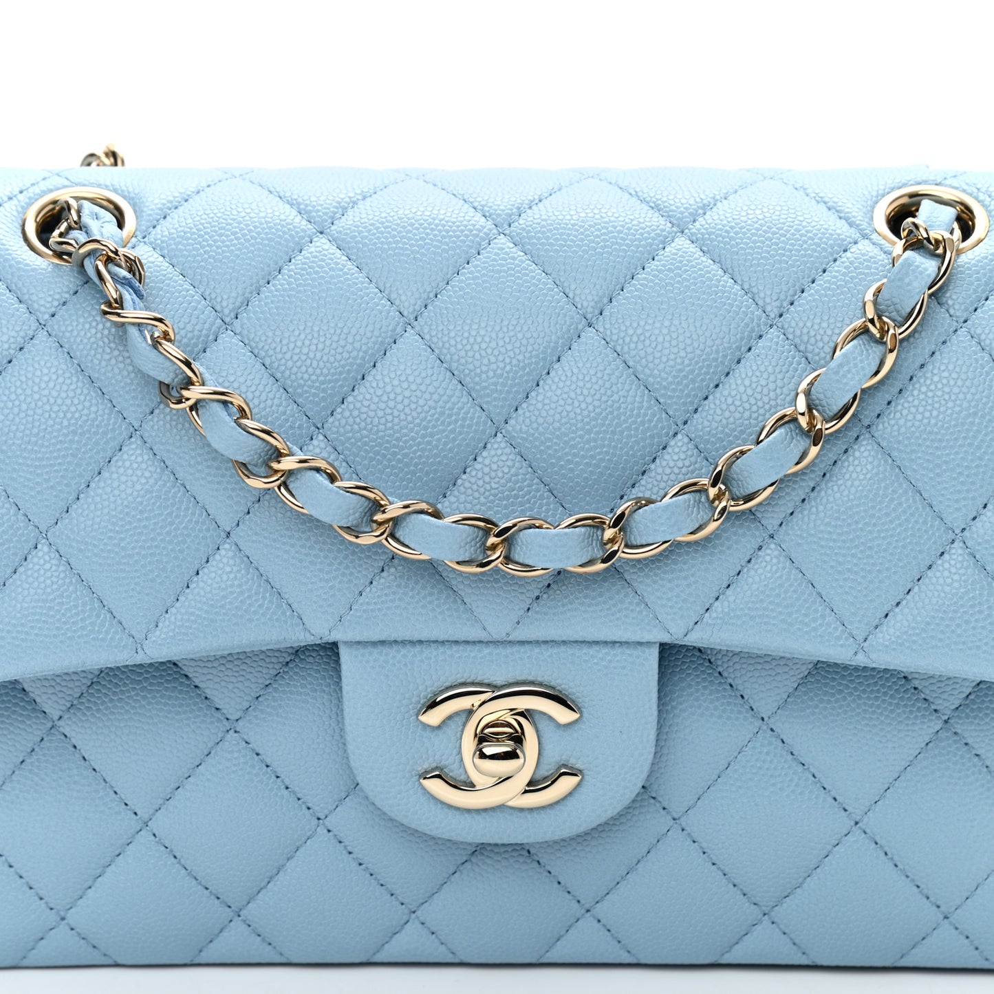 Caviar Quilted Small Double Flap Light Blue