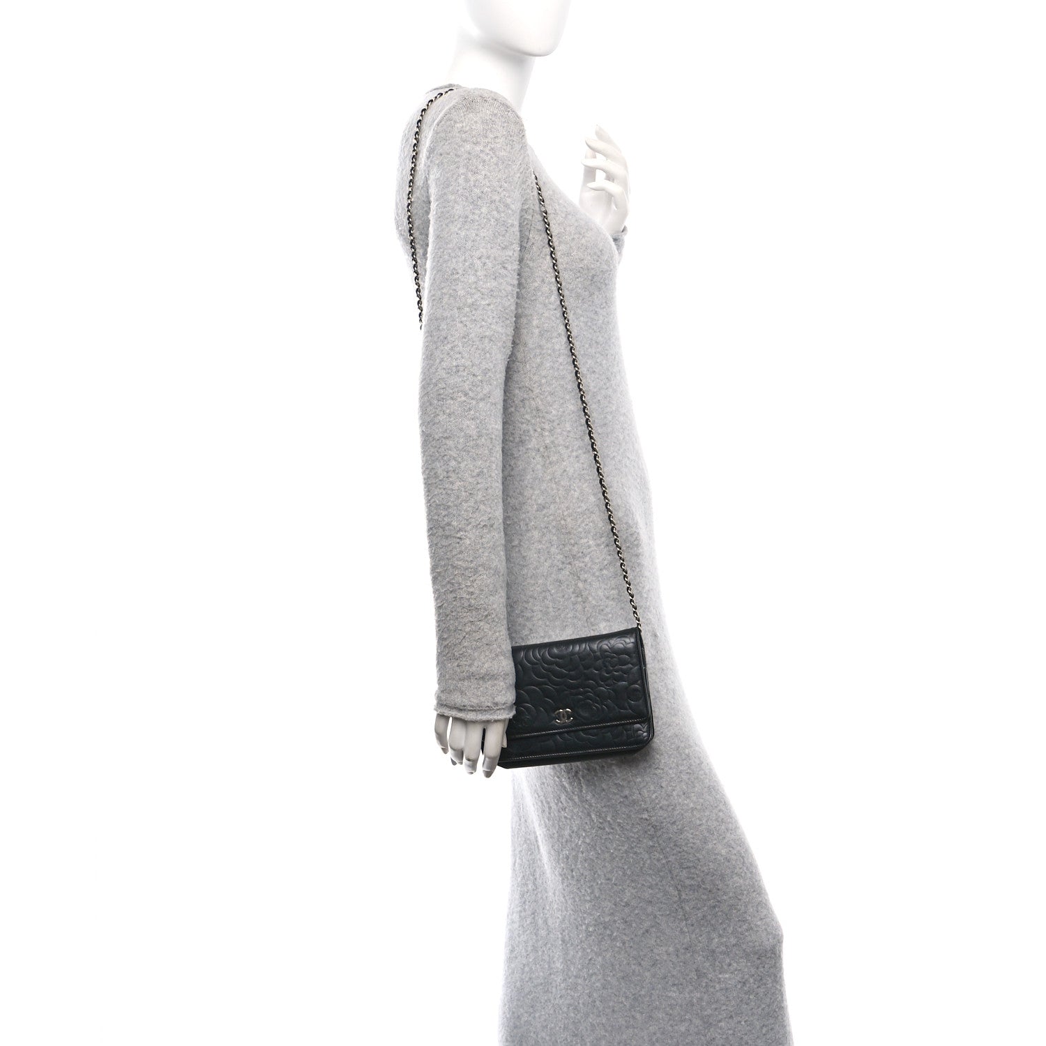 Chanel Lambskin Camellia Embossed Wallet on Chain WOC Black 2 of 11