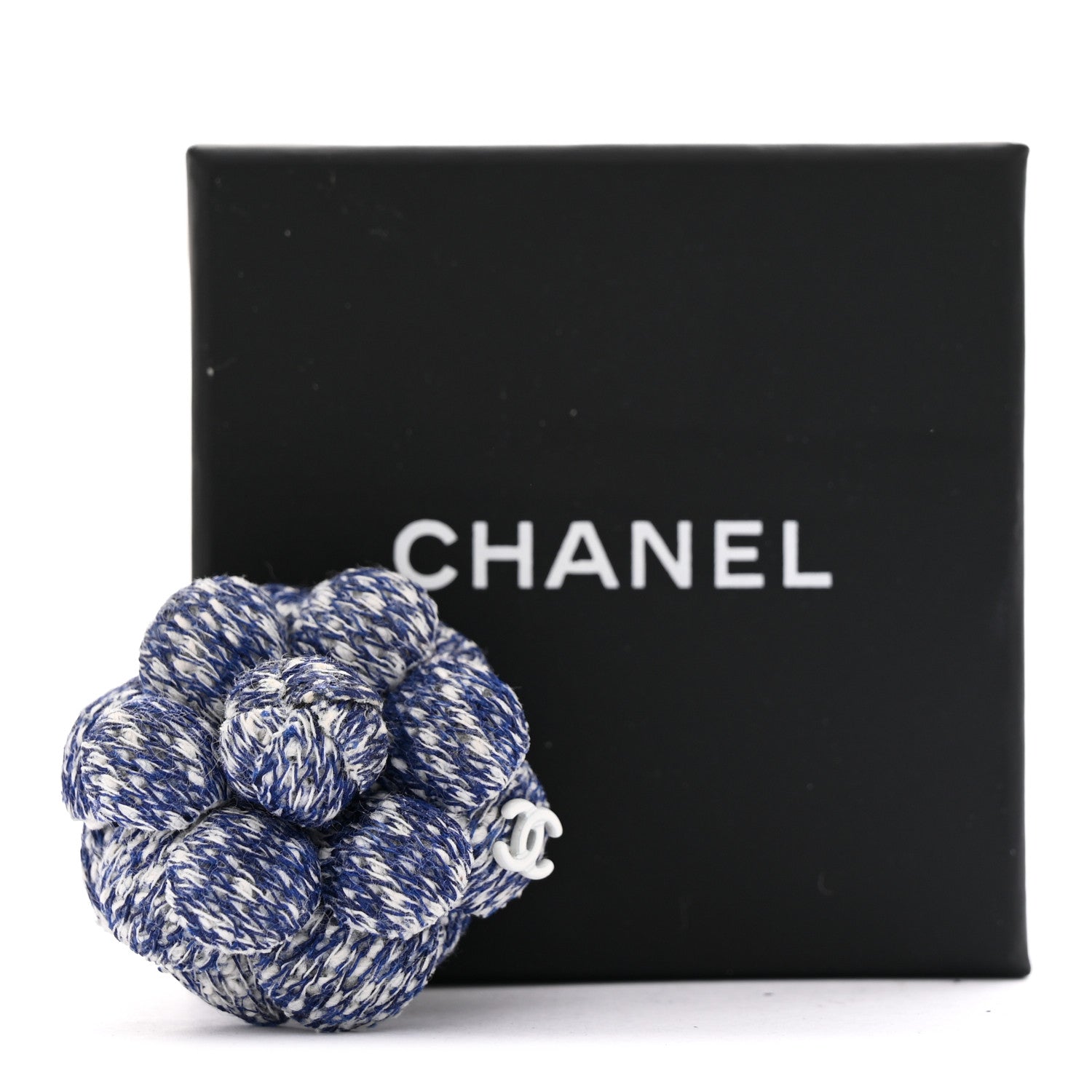 Chanel Tweed Camellia CC Brooch Lapel Pin Blue 4 of 4