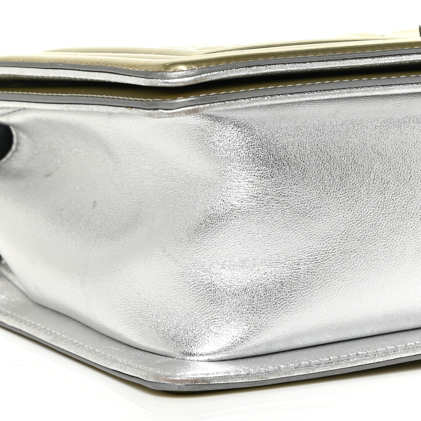 Metallic Patent Calfskin Quilted Medium Boy Flap Silver