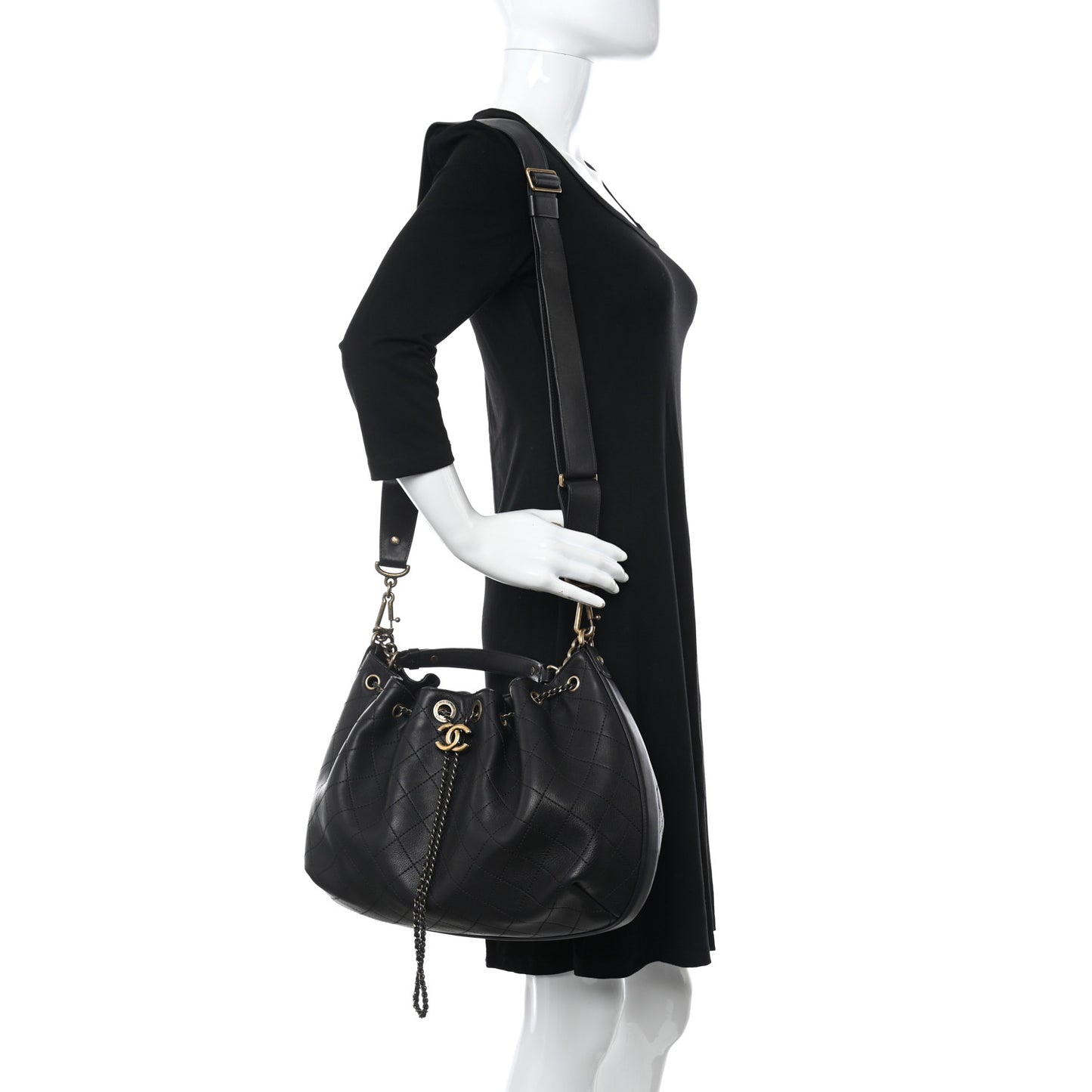 Calfskin Stitched Small Paris Rome Drawstring CC Bag Black