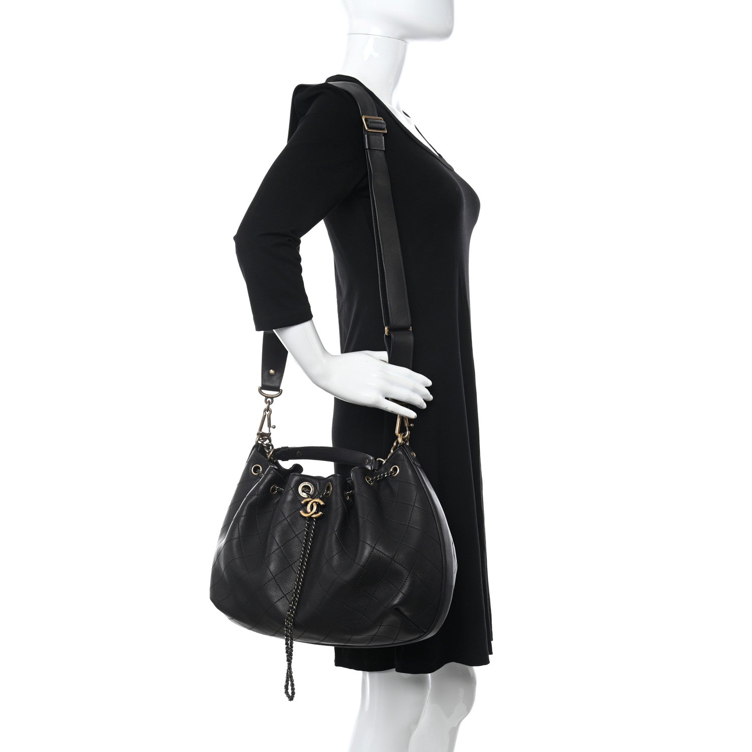 Chanel Calfskin Stitched Small Paris Rome Drawstring CC Bag Black 2 of 10