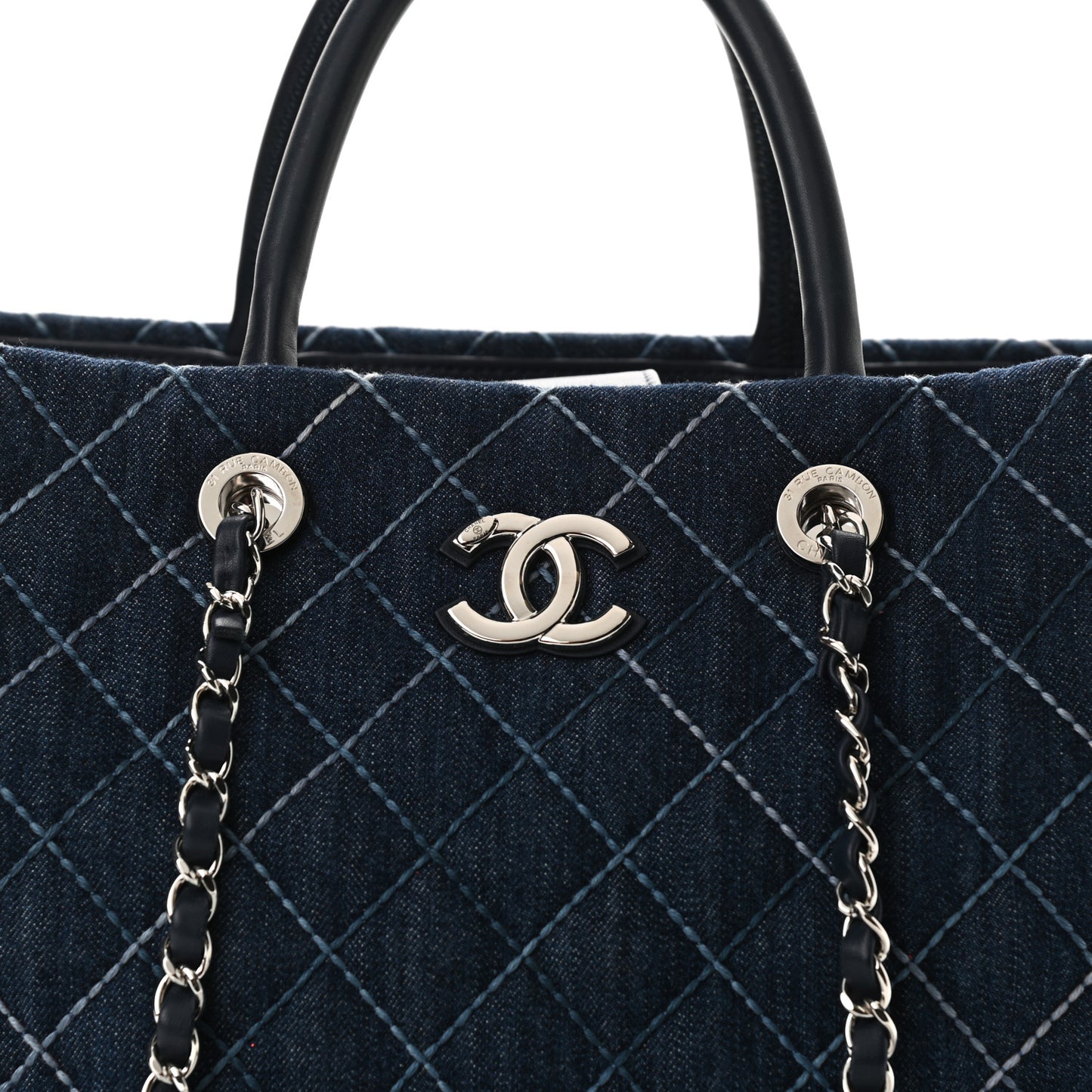 Denim Quilted Large Coco Handle Shopping Tote Blue