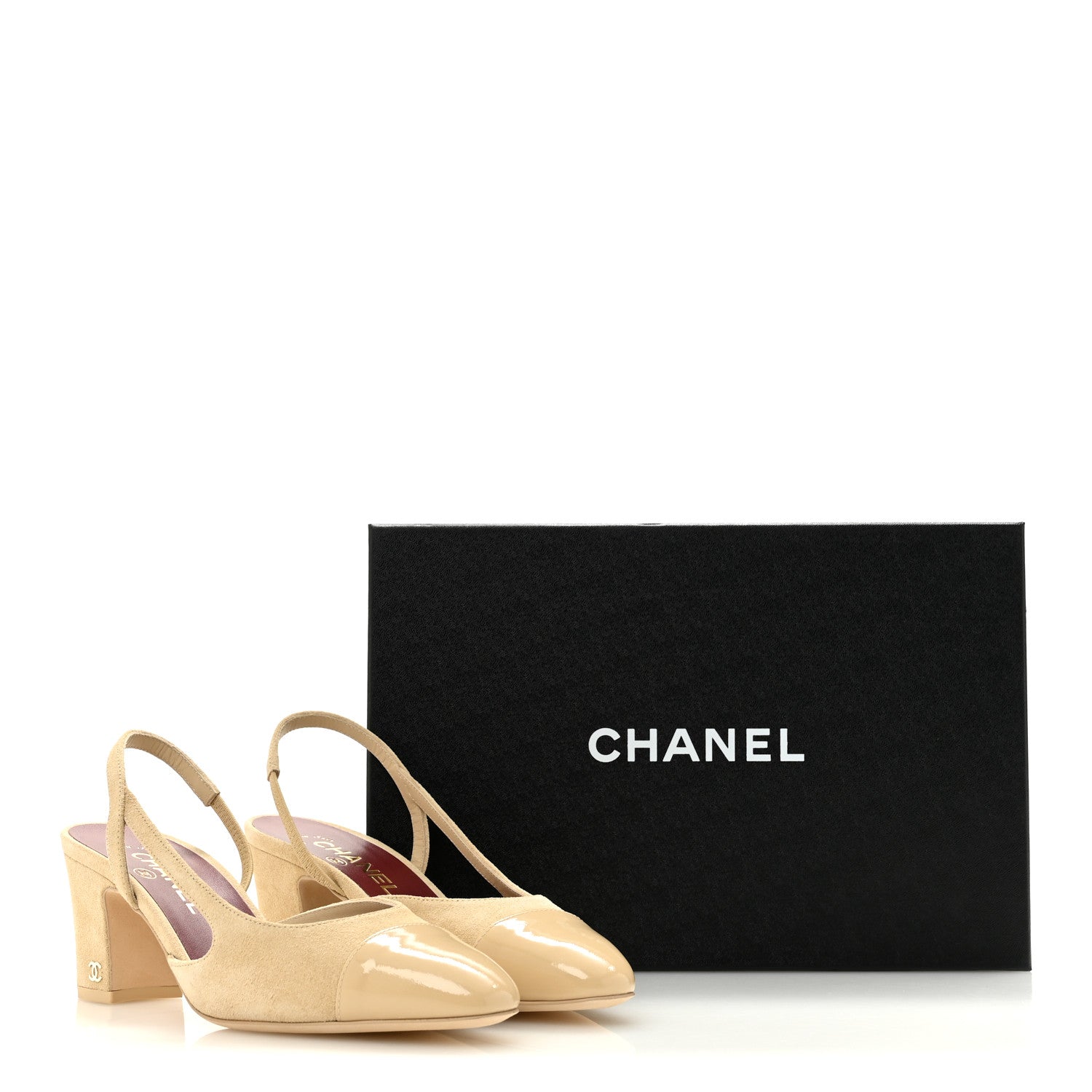 Chanel Suede Patent Cap Toe CC Slingback Pumps 38 Beige 10 of 10