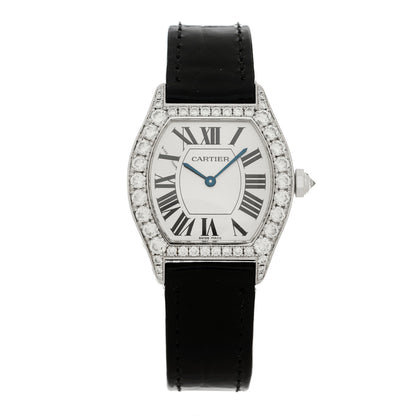 Cartier 18K White Gold Alligator Diamond Bezel 28mm Tortue Manual Winding Watch Black 1 of 4