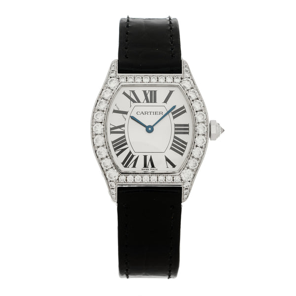 Cartier 18K White Gold Alligator Diamond Bezel 28mm Tortue Manual