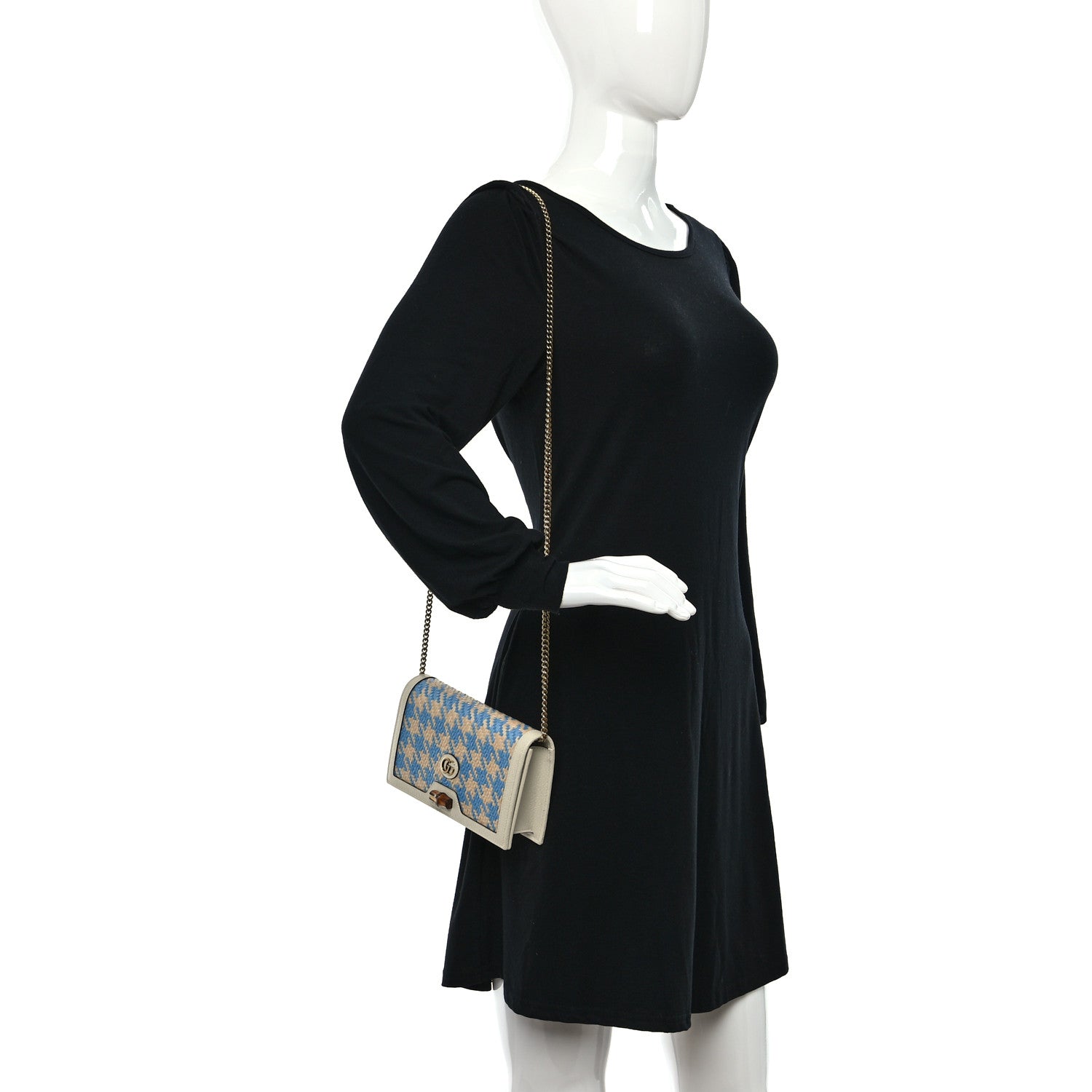 Gucci Polished Raffia Textured Dollar Calfskin Houndstooth Mini Diana Chain Bag Natural Light Blue Mystic White 3 of 9