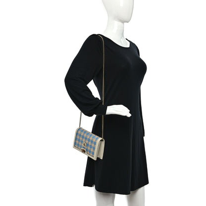 Gucci Polished Raffia Textured Dollar Calfskin Houndstooth Mini Diana Chain Bag Natural Light Blue Mystic White 3 of 9
