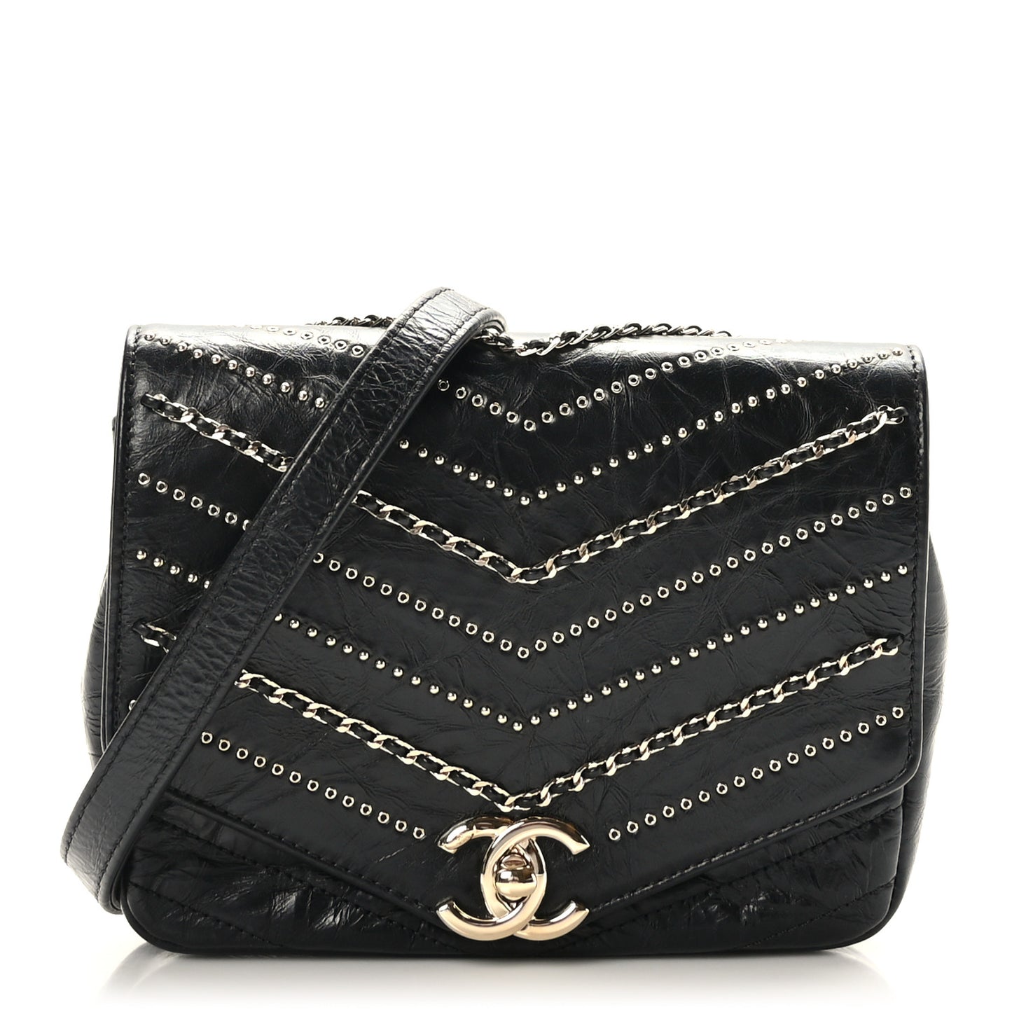 Crumpled Calfskin Chevron Chain Mini Square Flap Black
