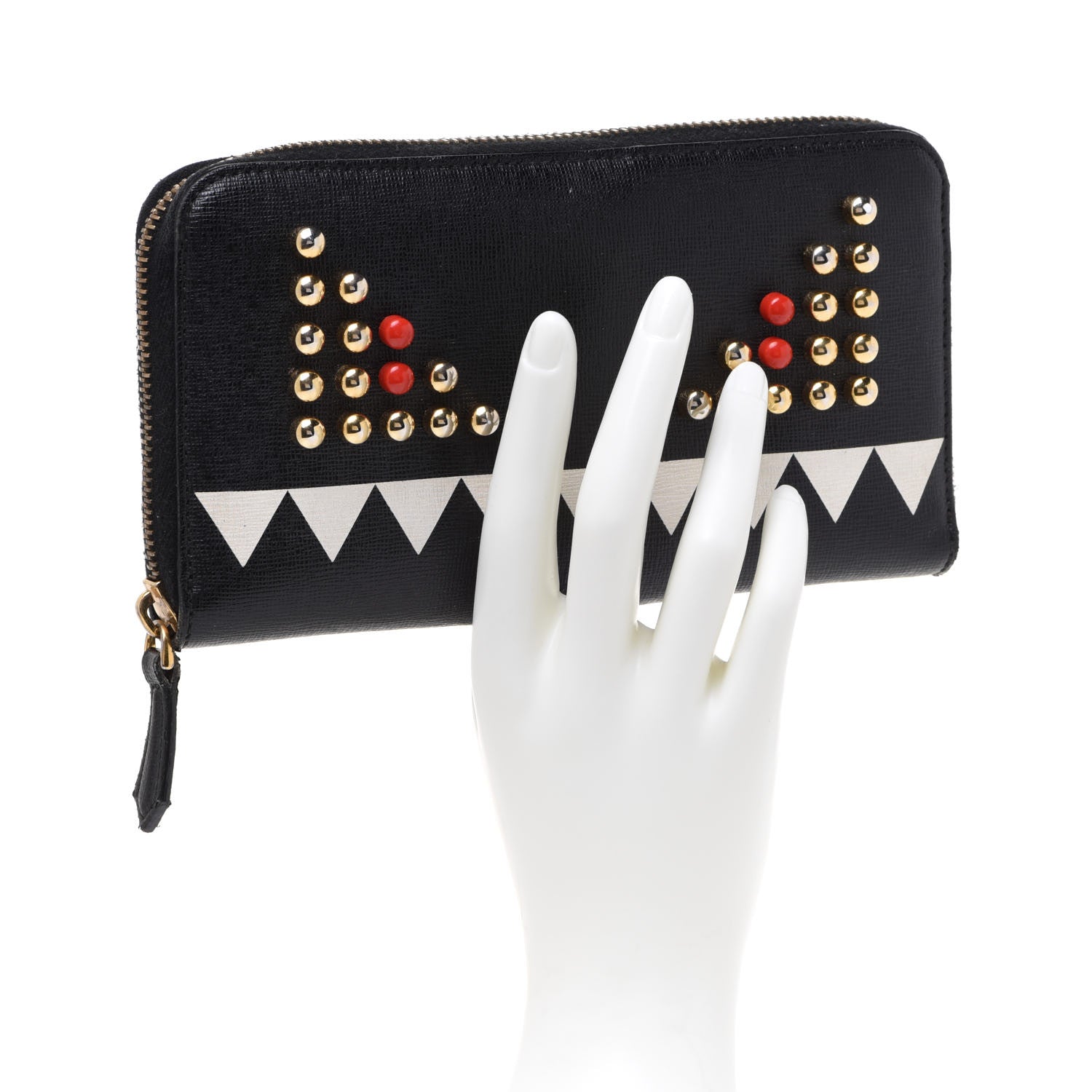 Fendi Vitello Elite Studded Monster Zip Around Wallet Black 2 of 13