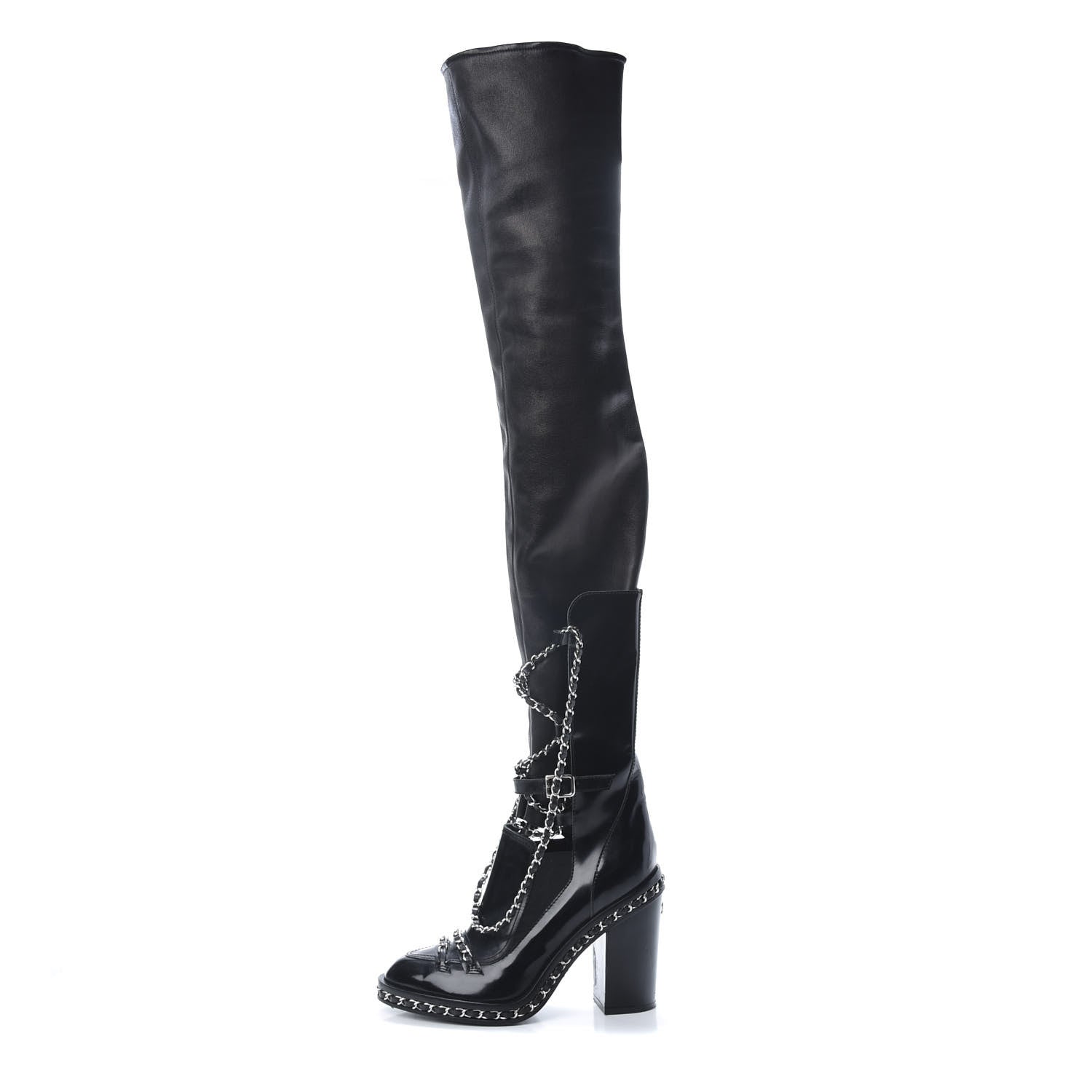 Chanel Patent Chained Tall Combat Boots 38.5 Black 1 of 13