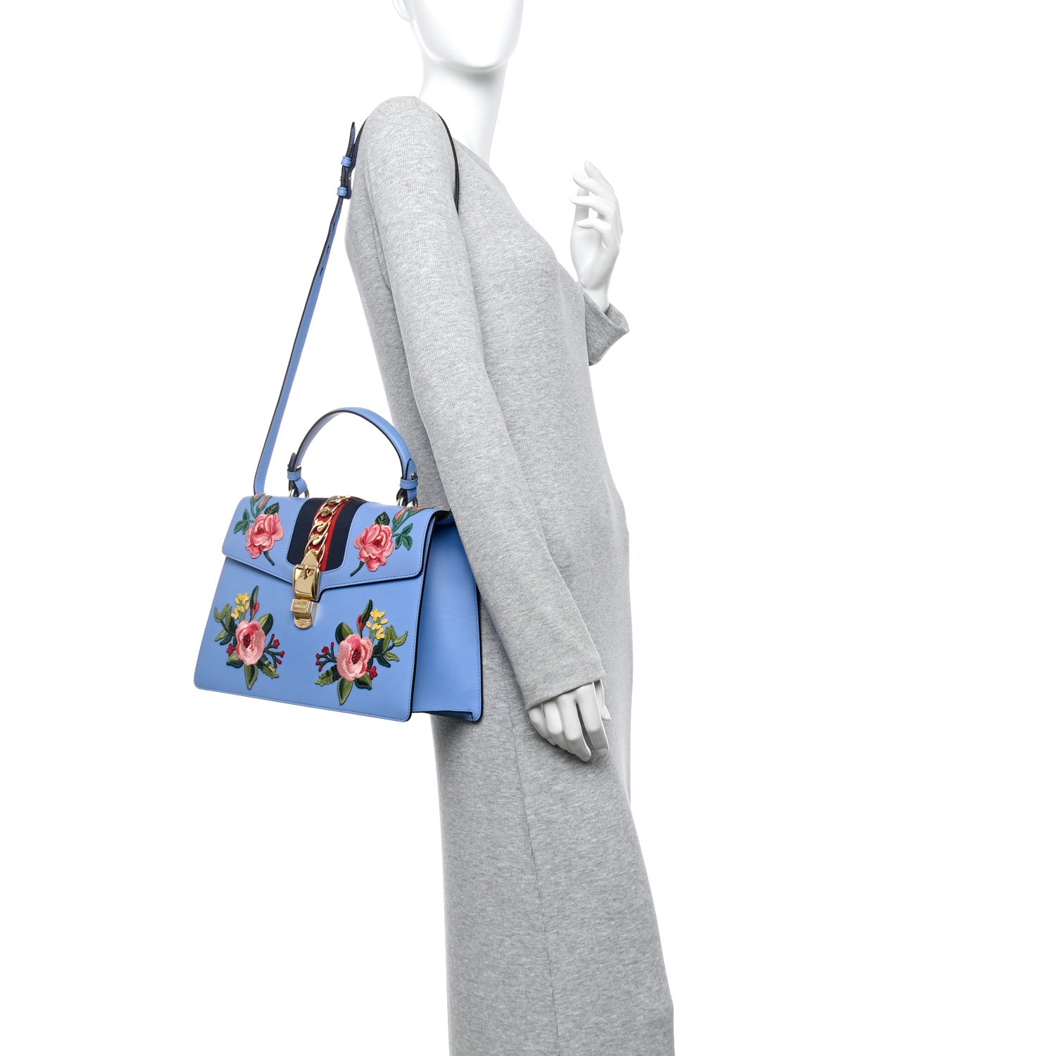 Gucci Calfskin Embroidered Medium Sylvie Top Handle Bag Clear Sky Blue 2 of 14