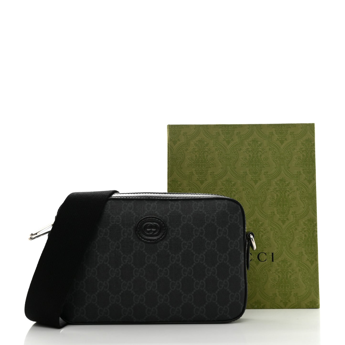 GG Supreme Monogram Azalea Calfskin Retro Interlocking G Wristlet Shoulder Bag Black