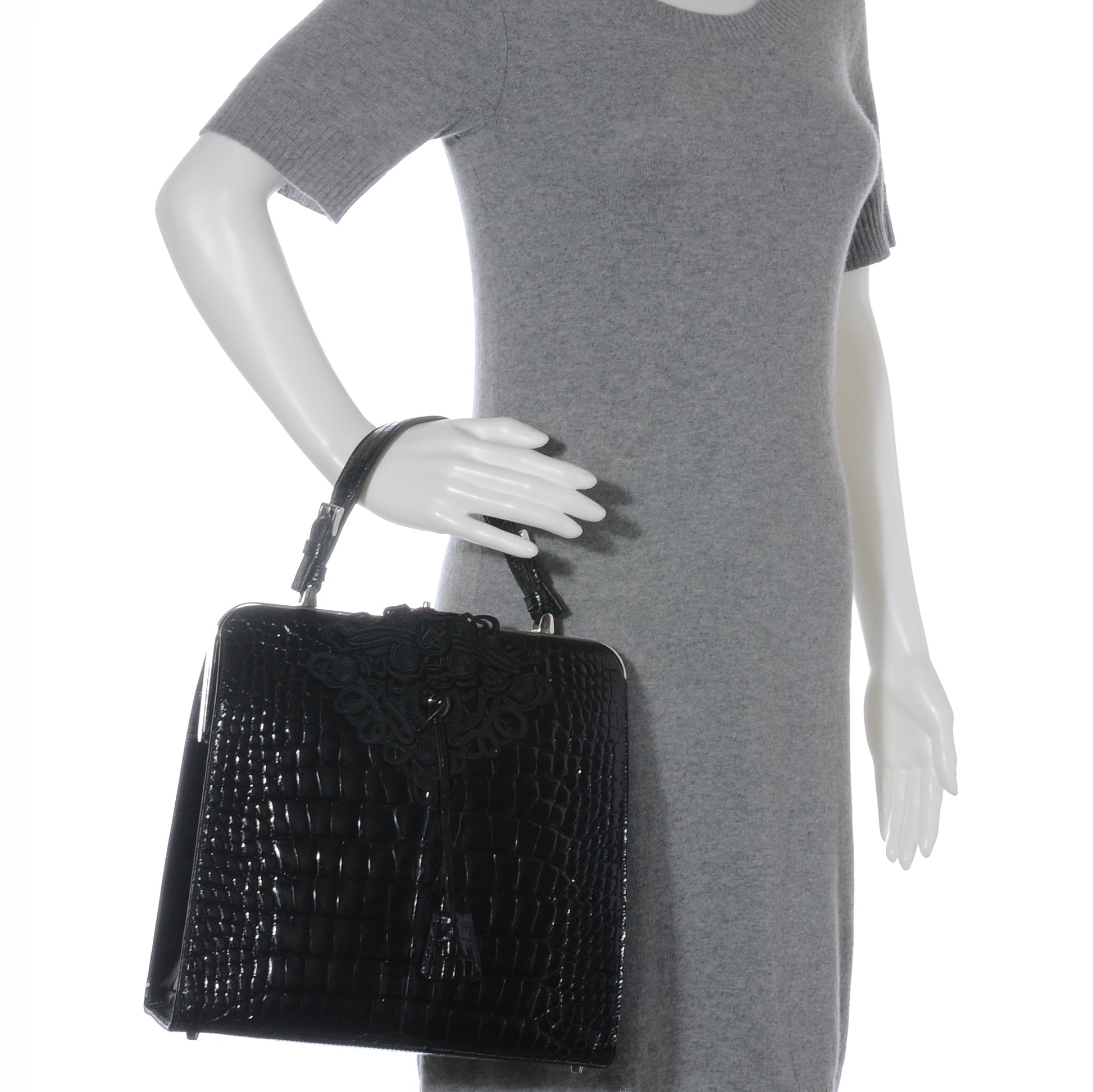 Prada Shiny Crocodile Framed Bag Black 2 of 9