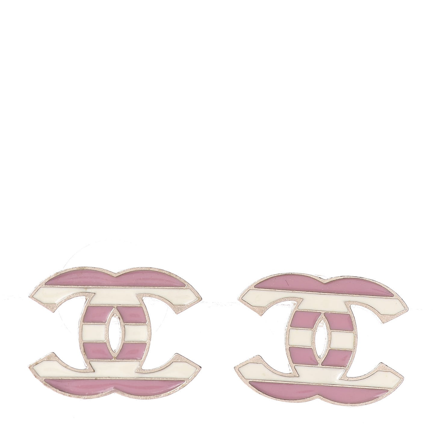 Enamel Striped CC Earrings Pink White Gold