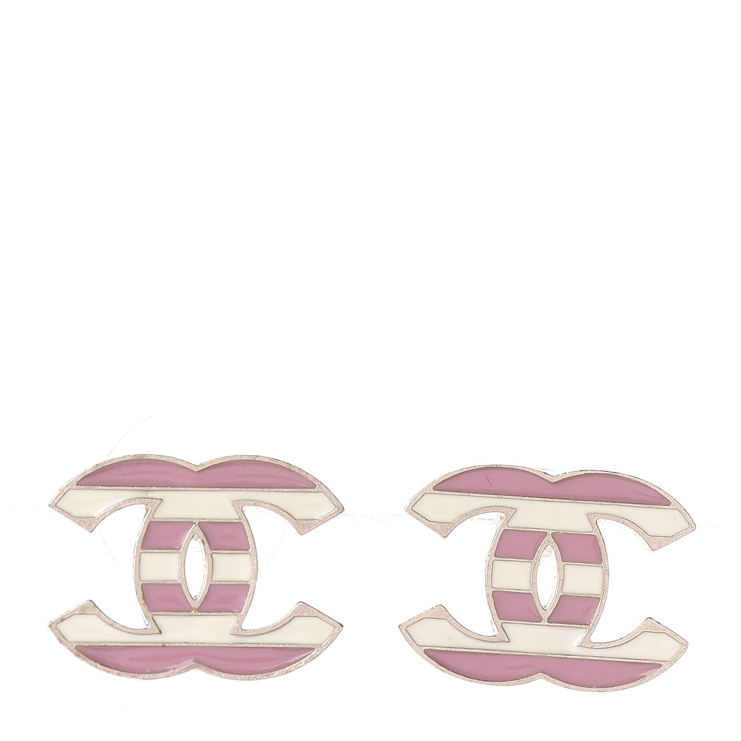 Chanel Enamel Striped CC Earrings Pink White Gold 1 of 4