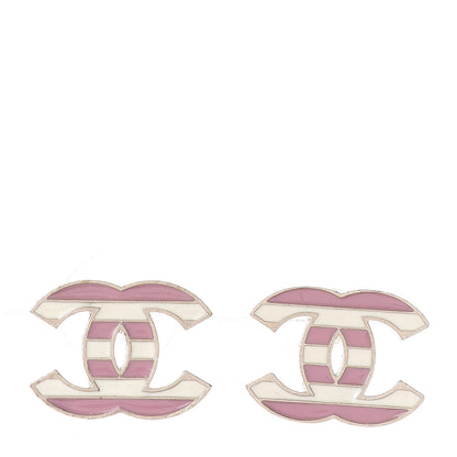 Chanel Enamel Striped CC Earrings Pink White Gold 1 of 4