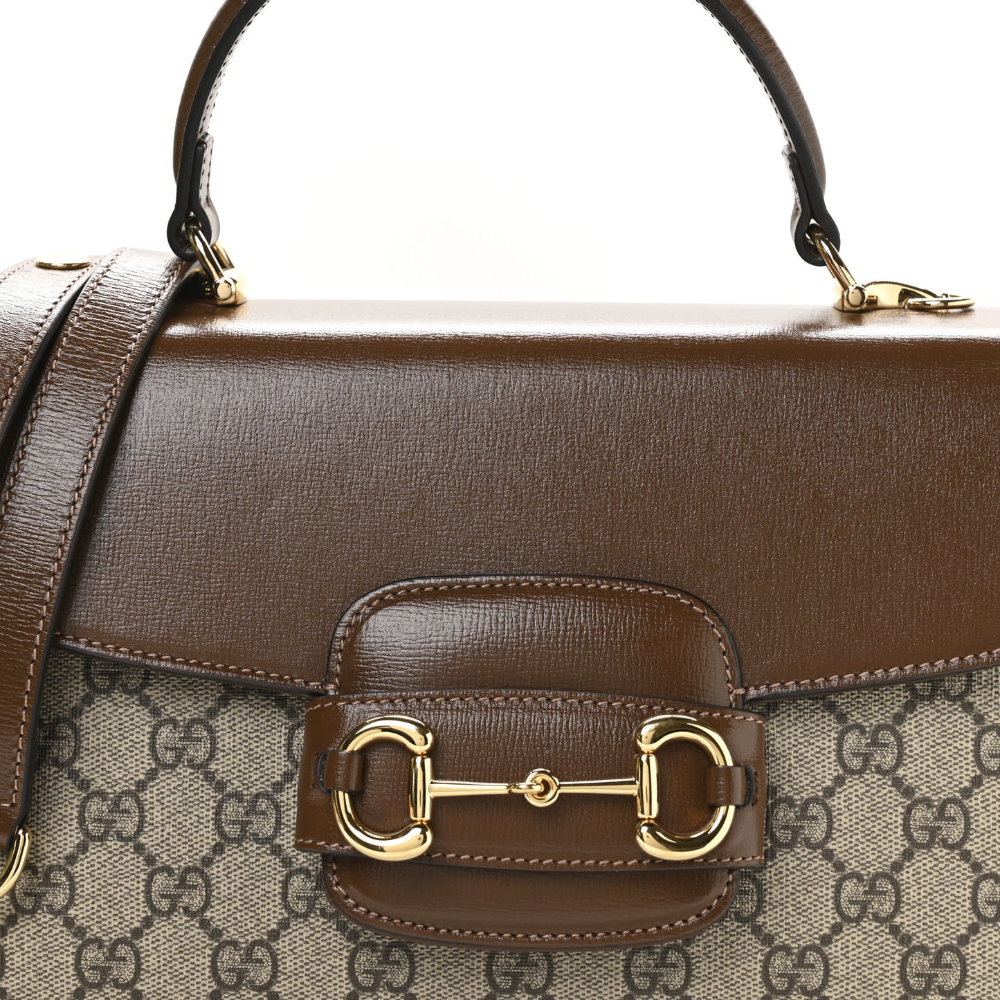 GG Supreme Monogram Calfskin Medium Horsebit 1955 Top Handle Bag Beige Ebony Brown Sugar
