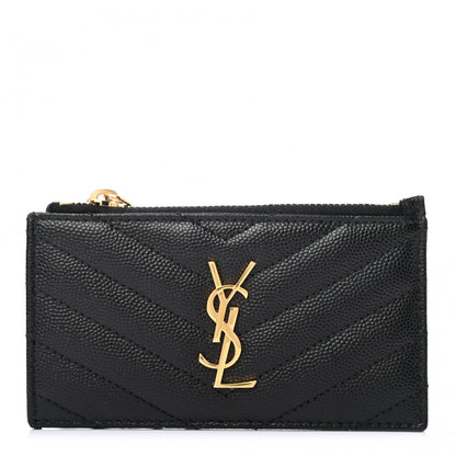 Saint Laurent Grain De Poudre Matelasse Chevron Monogram Fragments Zippered Card Case Black 1 of 7