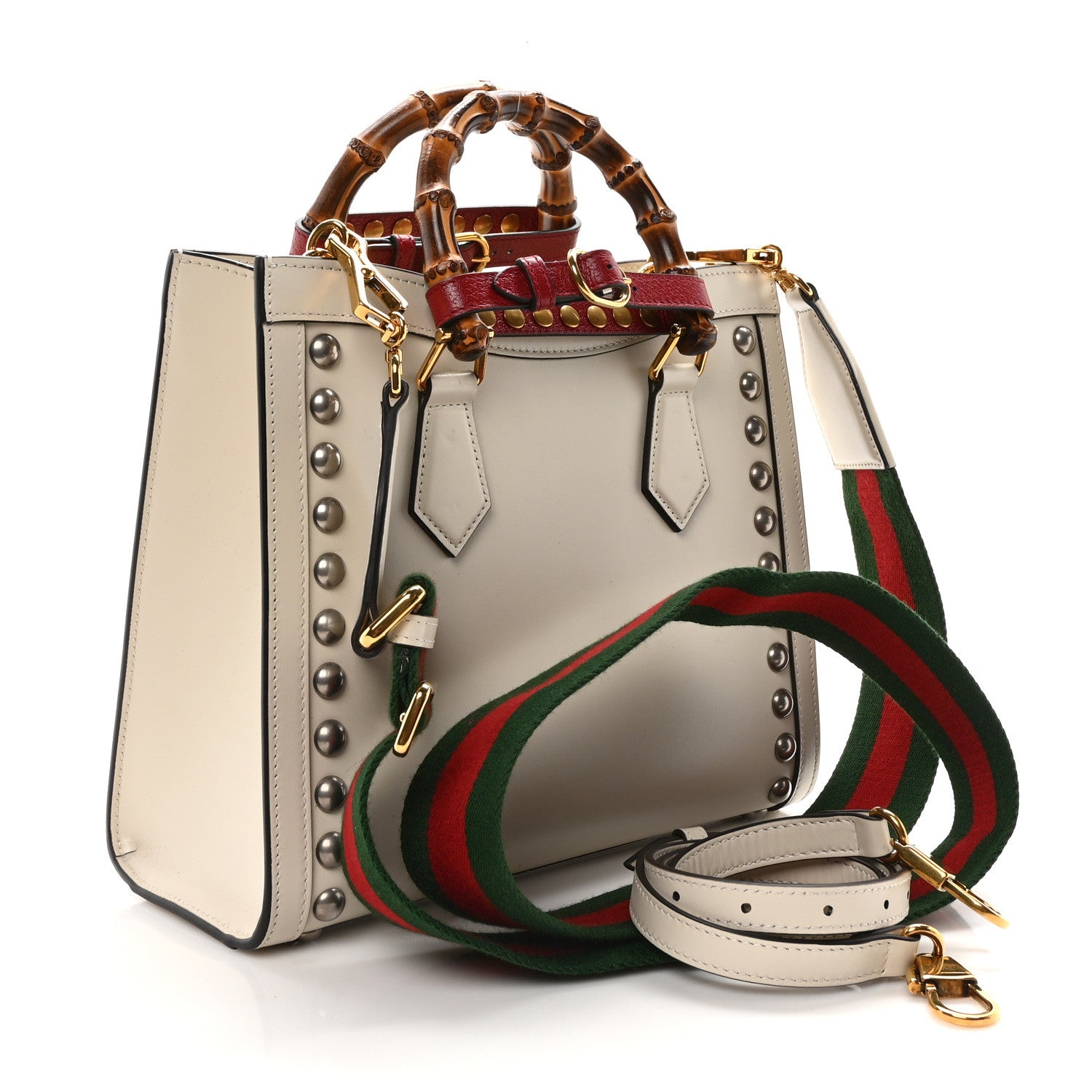 Gucci Calfskin Studded Loved Small Diana Tote Bag Mystic White Hibiscus Red 3 of 10