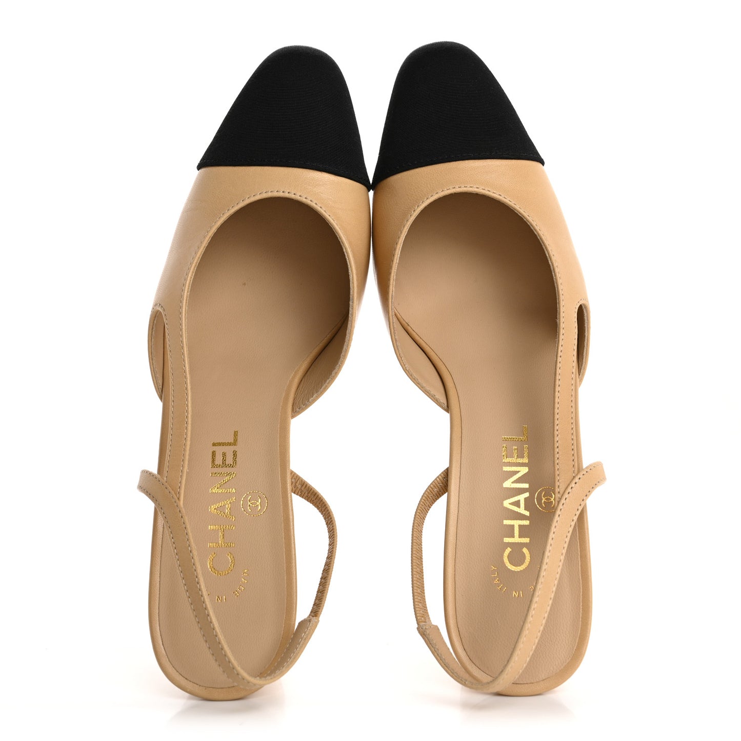 Goatskin Grosgrain Cap Toe CC Slingback Pumps 38 Beige Black
