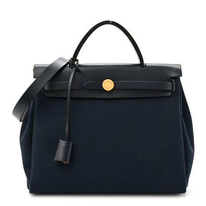 Hermes Military Toile Vache Hunter Herbag Zip Retourne 31 PM Bleu Marine Black 1 of 15