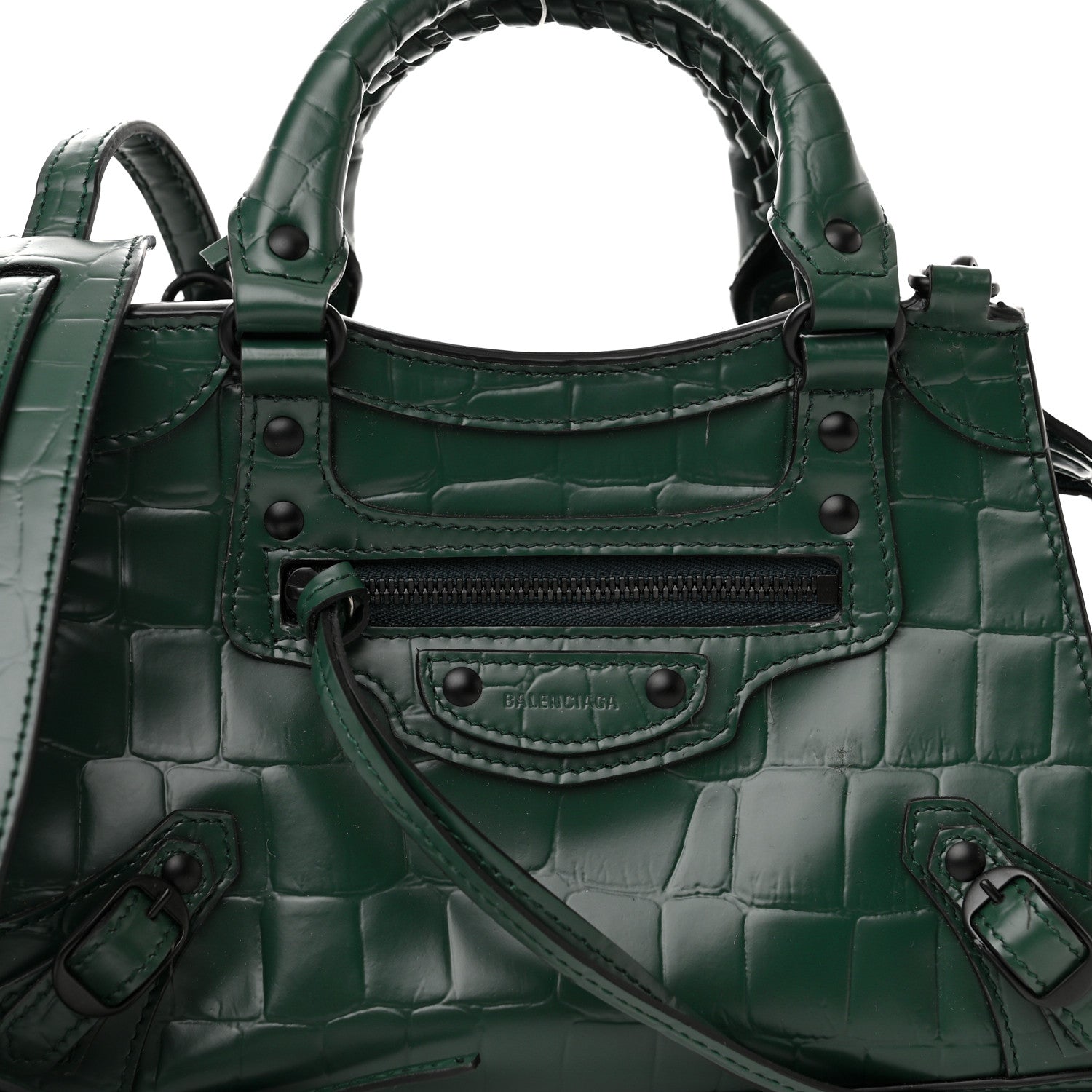 Balenciaga Semi Shiny Calfskin Crocodile Embossed Neo Classic Black Hardware Mini City Forest Green 7 of 14