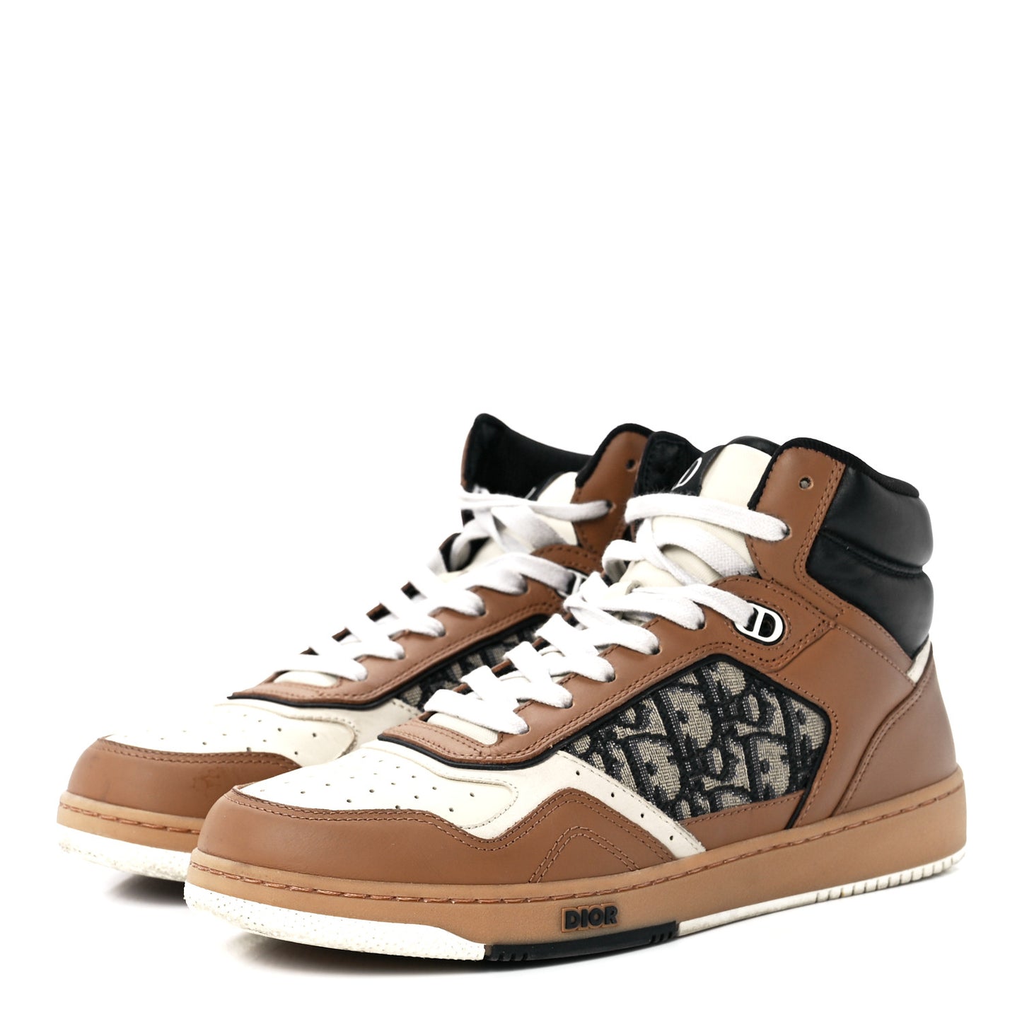 Smooth Calfskin Jacquard Oblique Mens B27 High Top Sneakers 41 Coffee Cream Black