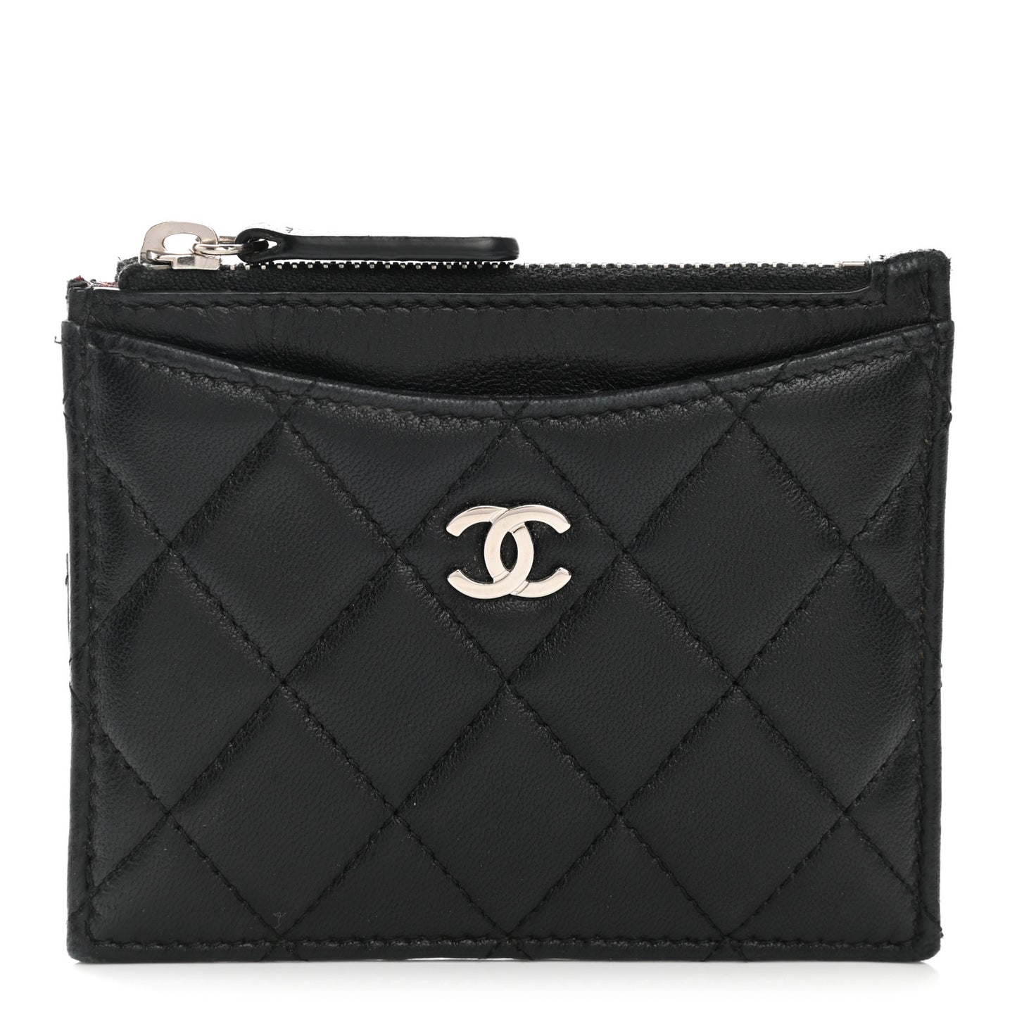 Lambskin Quilted CC Zip Card Holder Black