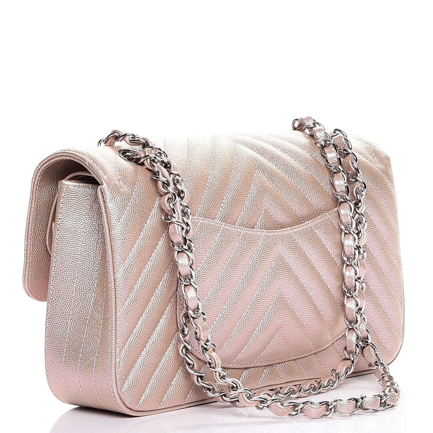 Metallic Caviar Chevron Quilted Medium Double Flap Light Gold